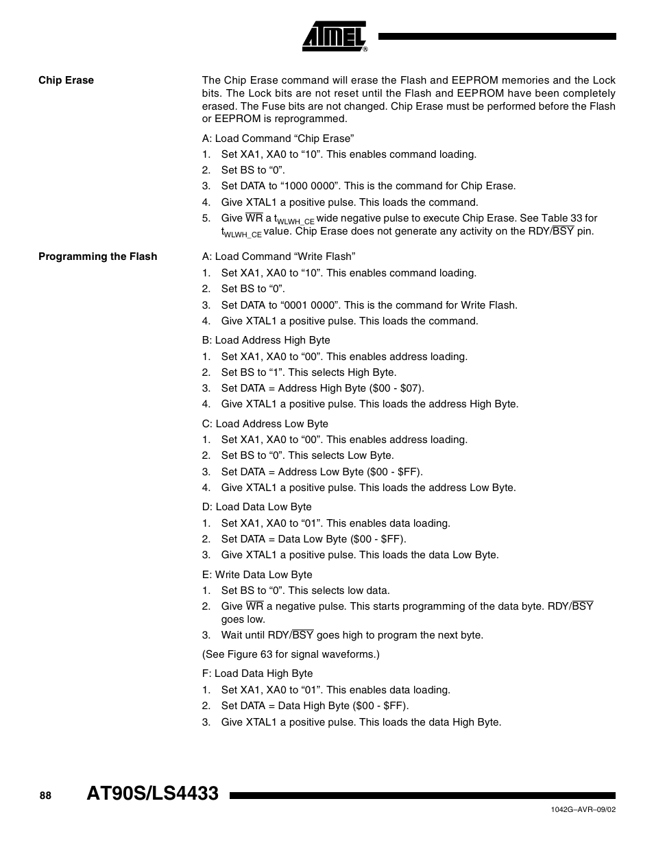 Chip erase, Programming the flash | Rainbow Electronics AT90LS4433 User Manual | Page 88 / 125