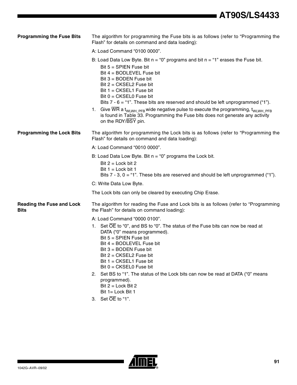 Programming the fuse bits, Programming the lock bits, Reading the fuse and lock bits | Rainbow Electronics AT90LS4433 User Manual | Page 91 / 125