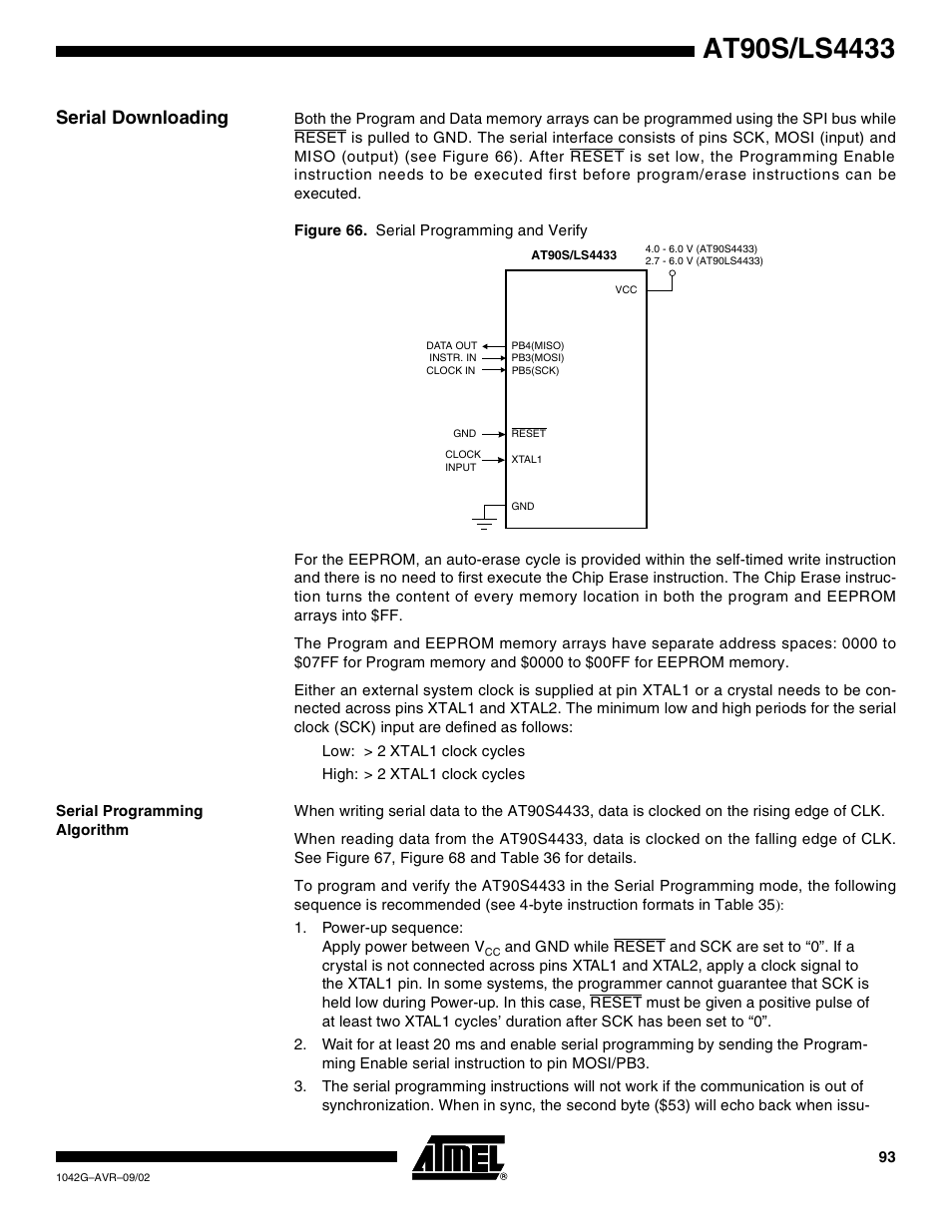 Serial downloading, Serial programming algorithm | Rainbow Electronics AT90LS4433 User Manual | Page 93 / 125