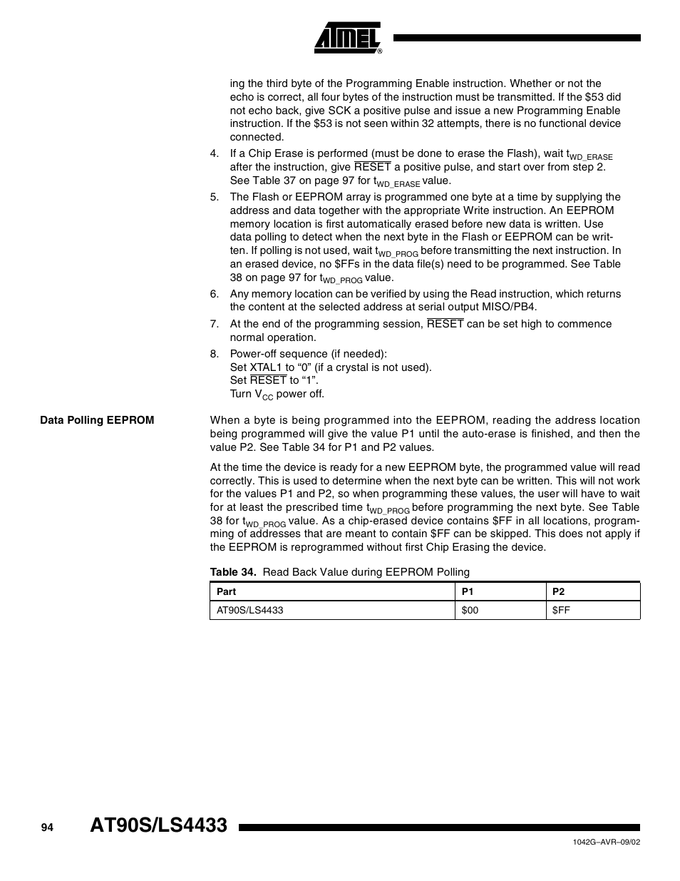 Data polling eeprom | Rainbow Electronics AT90LS4433 User Manual | Page 94 / 125