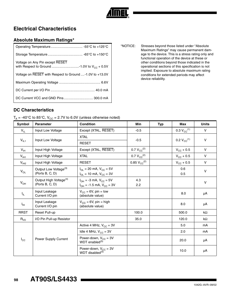 Electrical characteristics, Absolute maximum ratings, Dc characteristics | Rainbow Electronics AT90LS4433 User Manual | Page 98 / 125