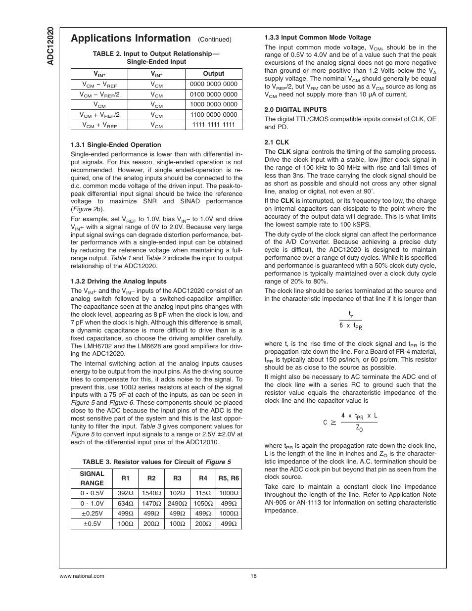 1 single-ended operation, 2 driving the analog inputs, Table 3. resistor values for circuit of | 3 input common mode voltage, 0 digital inputs, 1 clk, Applications information | Rainbow Electronics ADC12020 User Manual | Page 18 / 23