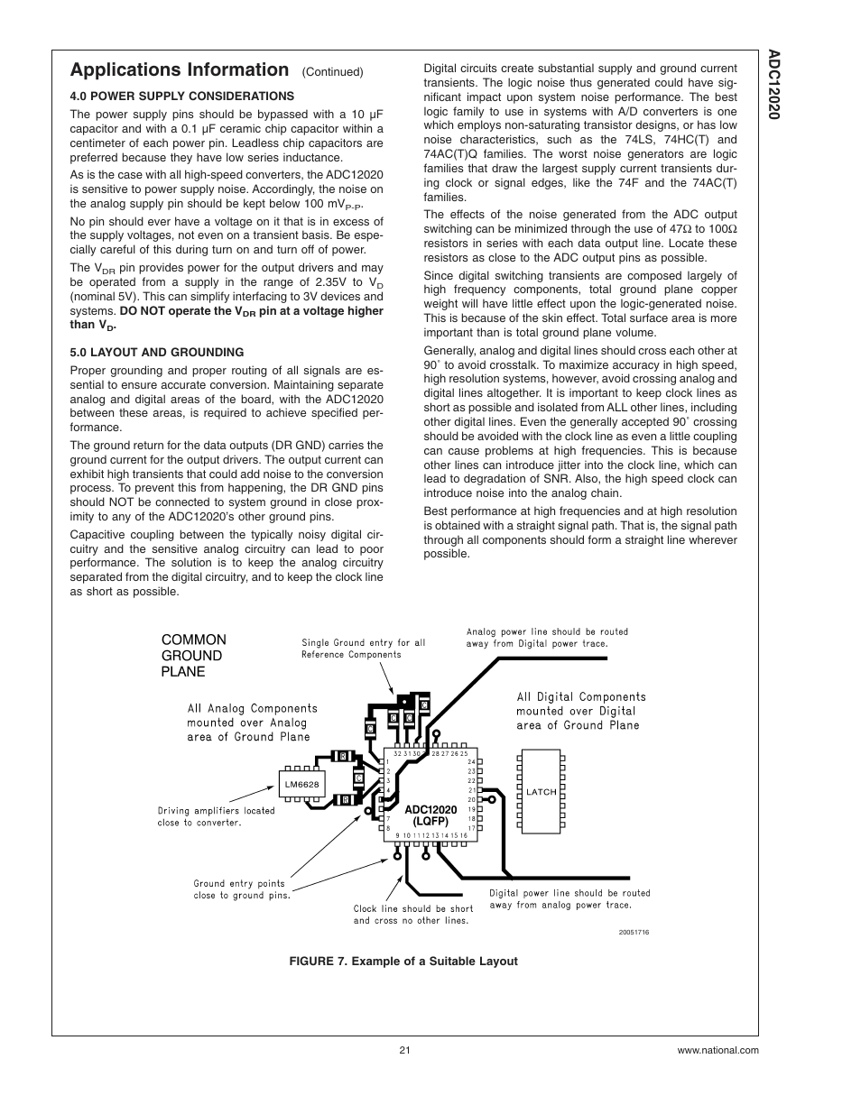 0 power supply considerations, 0 layout and grounding, Figure 7. example of a suitable layout | Applications information | Rainbow Electronics ADC12020 User Manual | Page 21 / 23