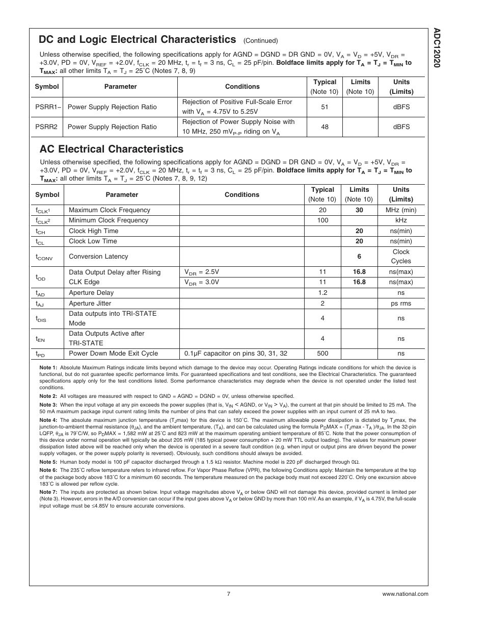 Ac electrical characteristics, Note 3), Note 4) | Note 5), Note 6), Dc and logic electrical characteristics | Rainbow Electronics ADC12020 User Manual | Page 7 / 23