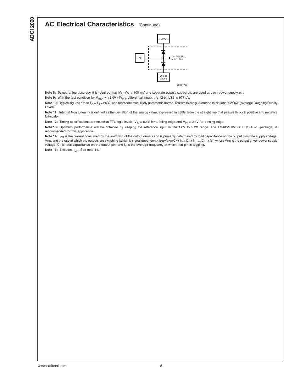 Note 10), Note 11), Note 13) | Note 14), Note 15), Ac electrical characteristics | Rainbow Electronics ADC12020 User Manual | Page 8 / 23