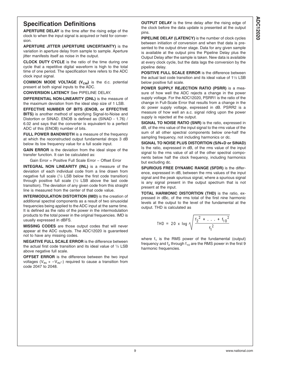 Specification definitions | Rainbow Electronics ADC12020 User Manual | Page 9 / 23