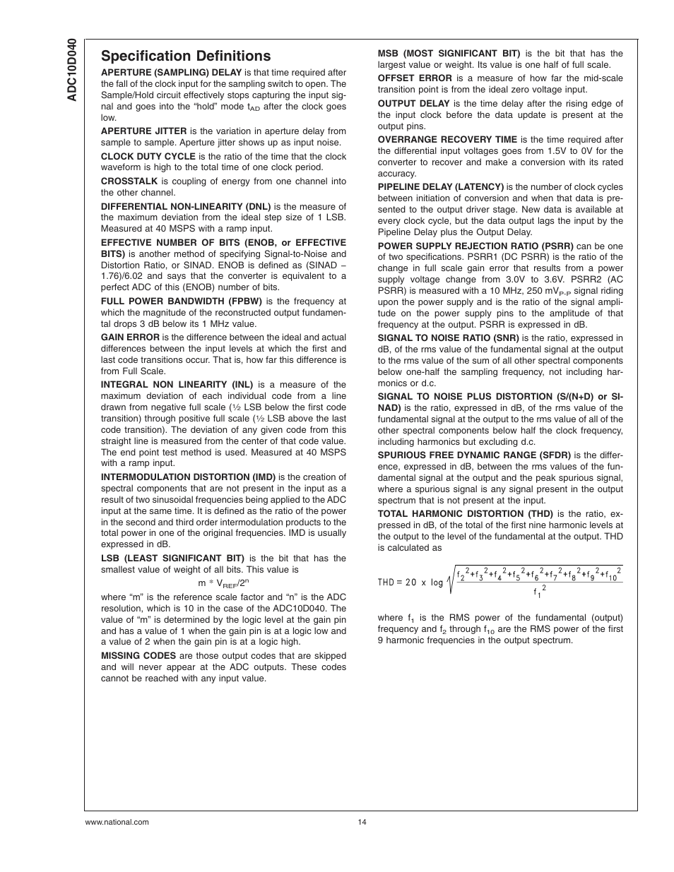 Specification definitions | Rainbow Electronics ADC10D040 User Manual | Page 14 / 28