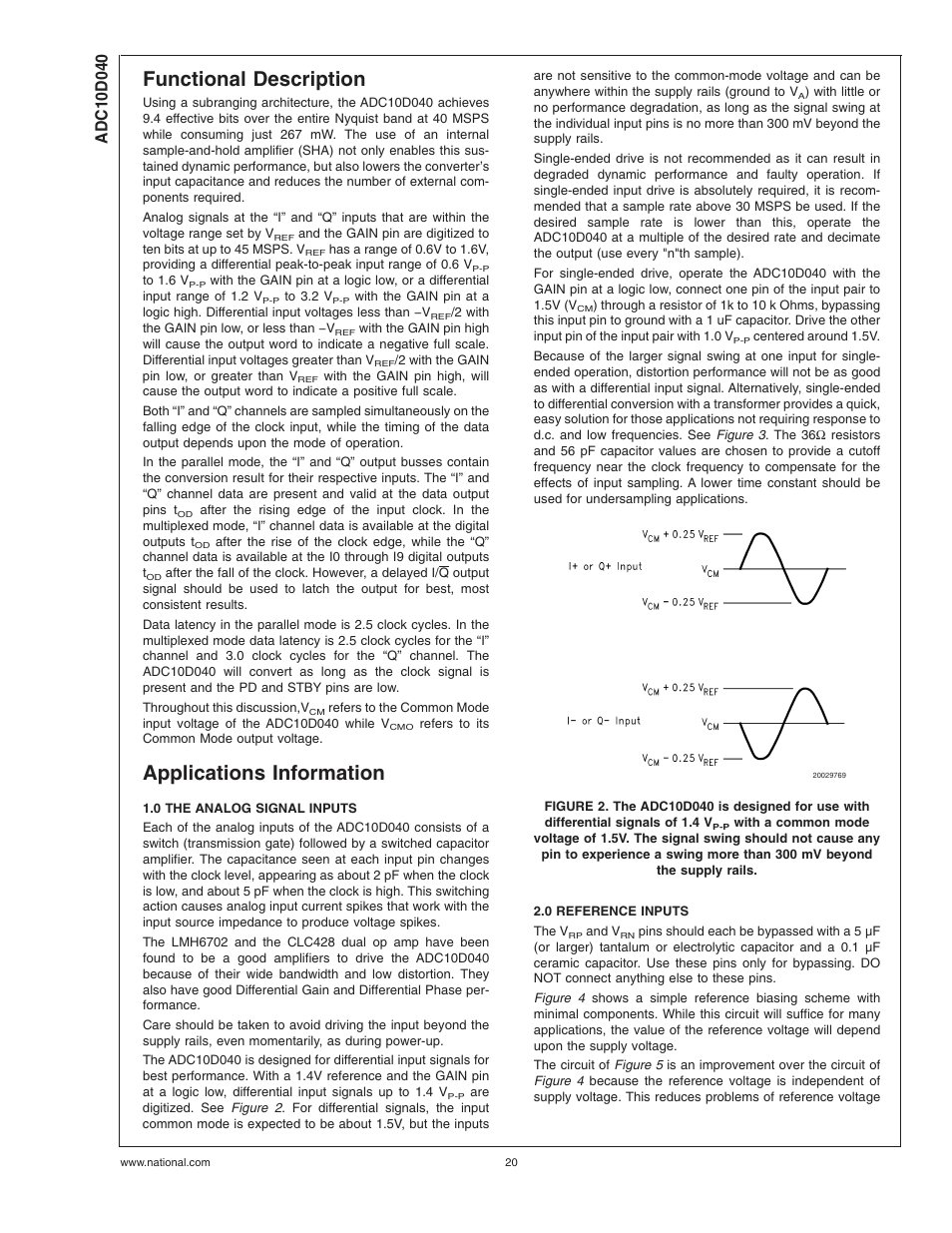 Functional description, Applications information, 0 the analog signal inputs | 0 reference inputs | Rainbow Electronics ADC10D040 User Manual | Page 20 / 28