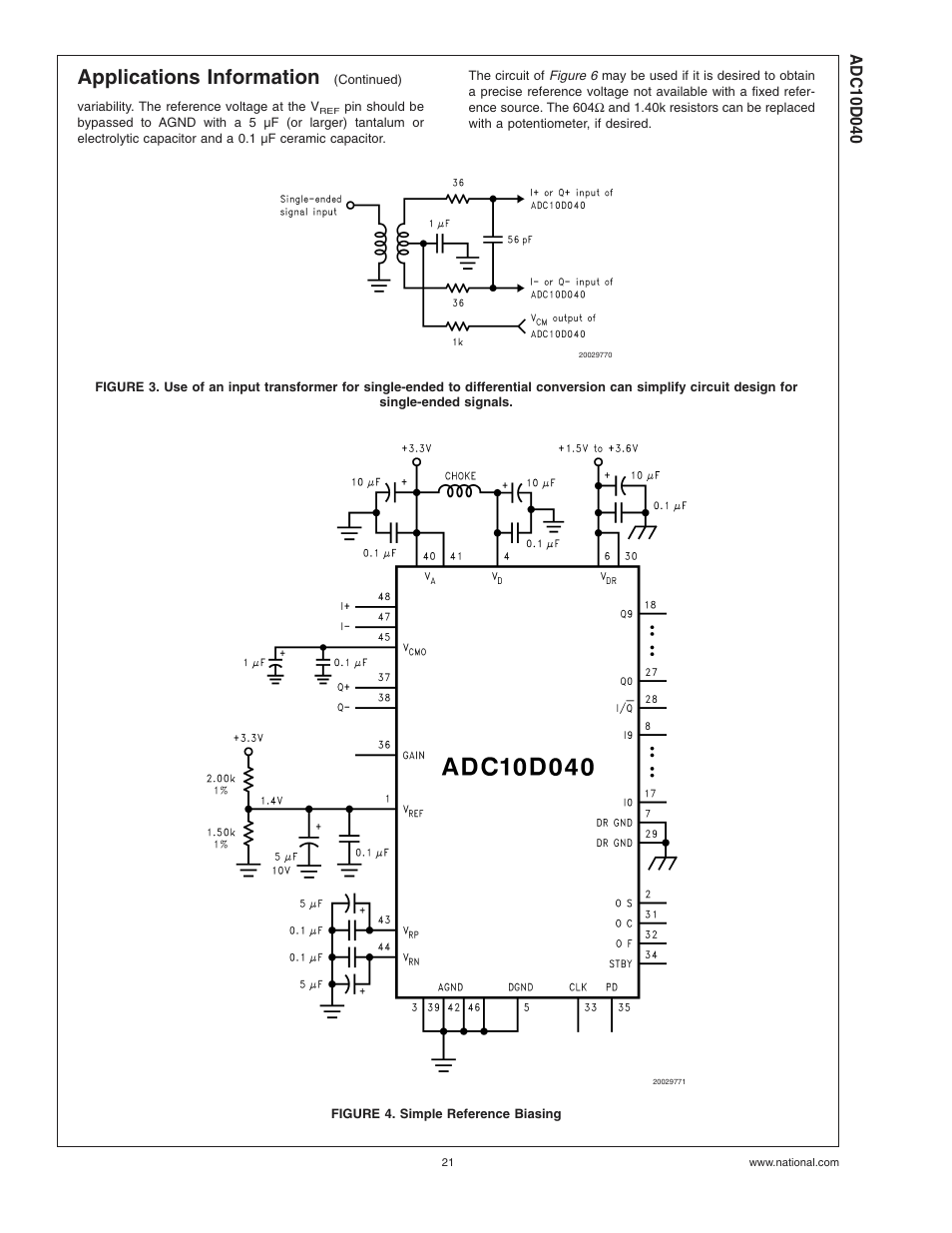 Figure 4. simple reference biasing, Figure 3, Figure 4 | Applications information | Rainbow Electronics ADC10D040 User Manual | Page 21 / 28