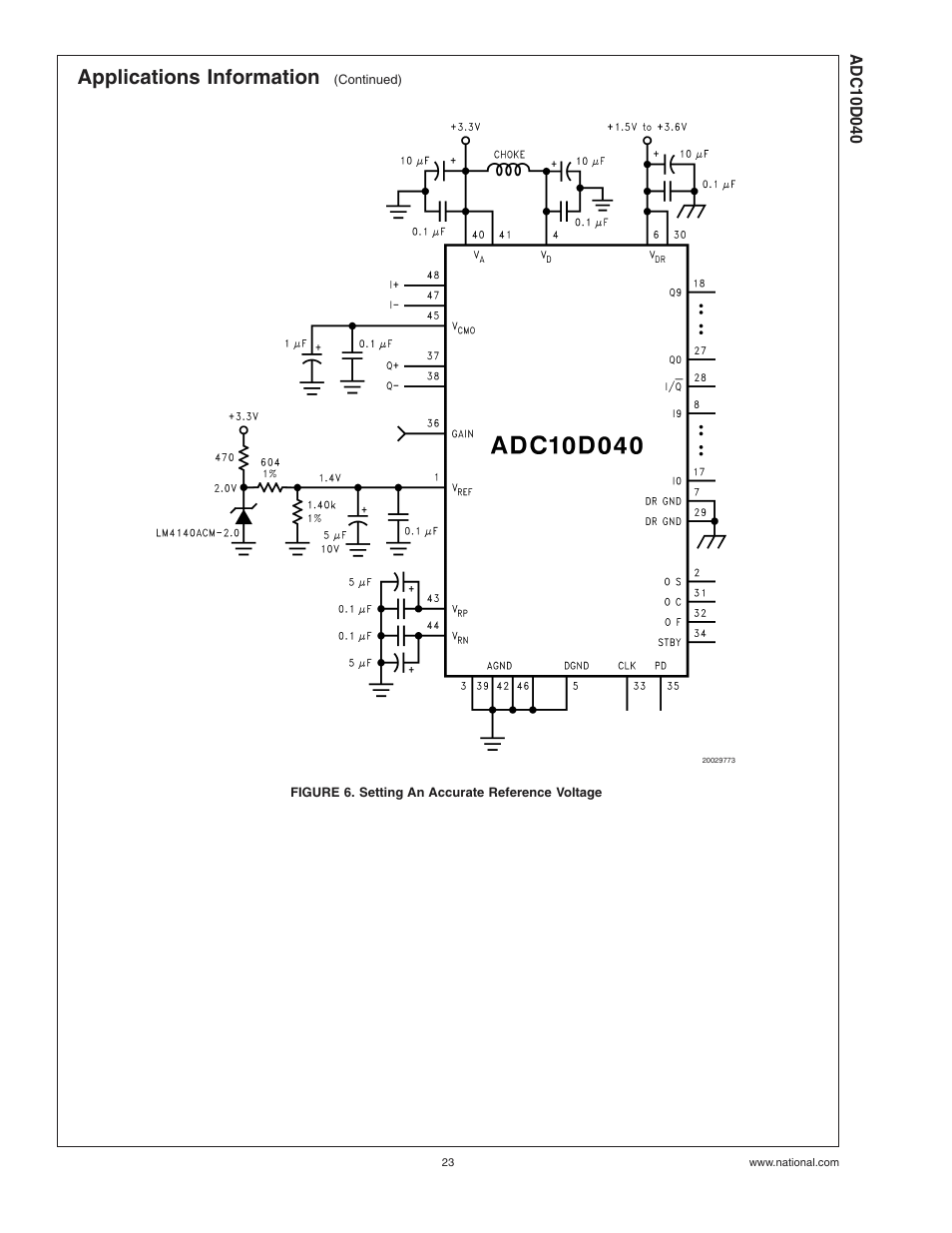 Figure 6. setting an accurate reference voltage, Applications information | Rainbow Electronics ADC10D040 User Manual | Page 23 / 28