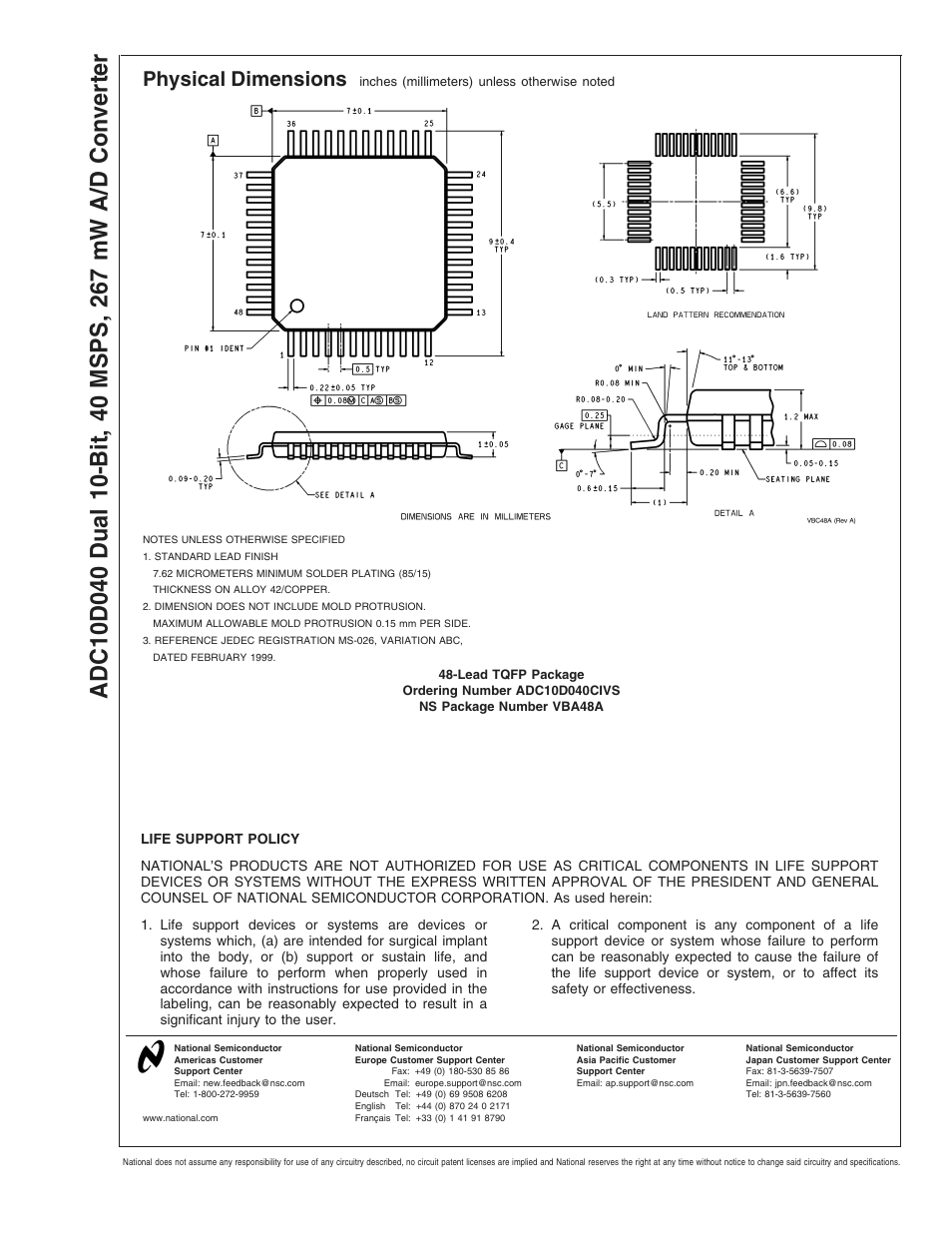 Physical dimensions | Rainbow Electronics ADC10D040 User Manual | Page 28 / 28