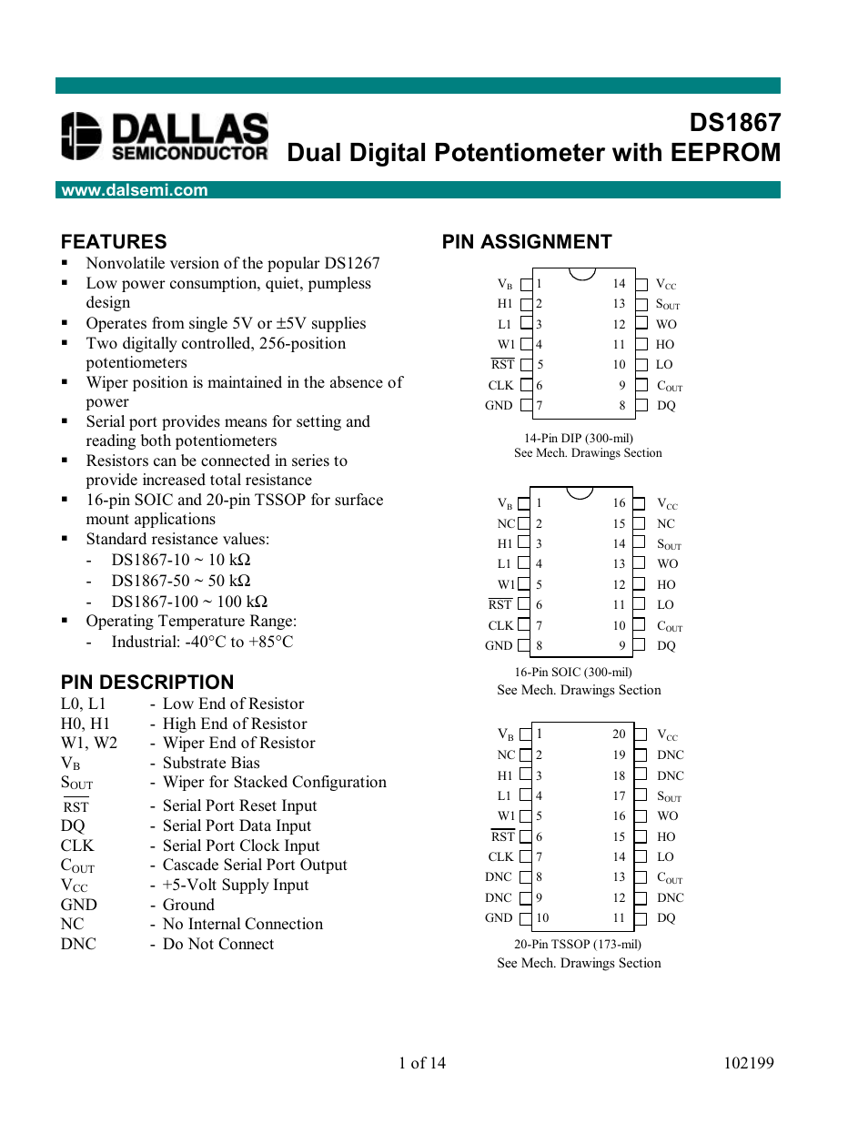 Rainbow Electronics DS1867 User Manual | 14 pages