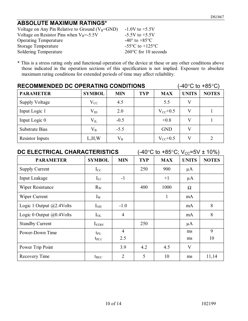 Absolute maximum ratings, Dc electrical characteristics (-40 °c to +85°c; v, 5v ± 10%) | Rainbow Electronics DS1867 User Manual | Page 10 / 14
