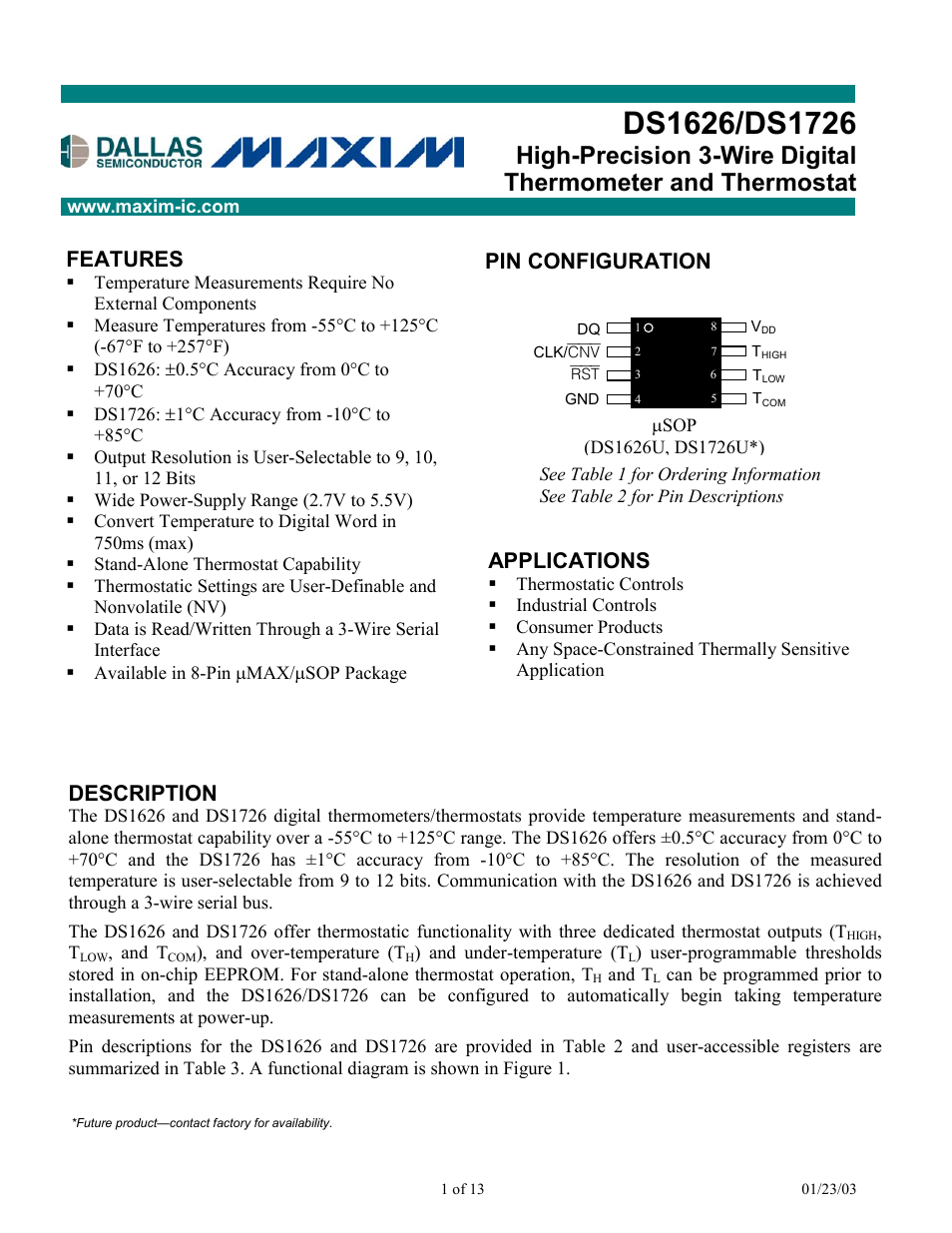 Rainbow Electronics DS1726 User Manual | 13 pages