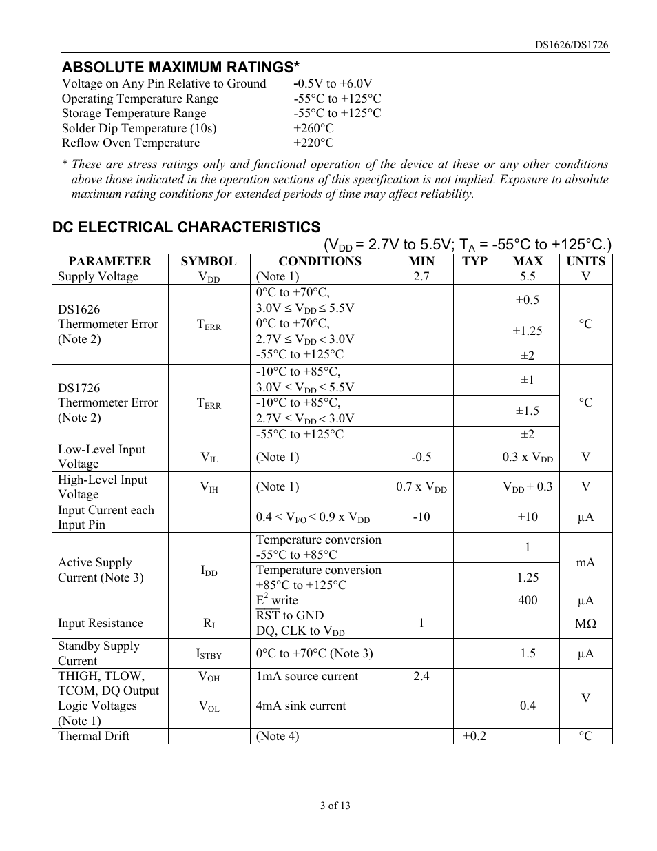 Absolute maximum ratings, Dc electrical characteristics (v, 7v to 5.5v; t | Rainbow Electronics DS1726 User Manual | Page 3 / 13