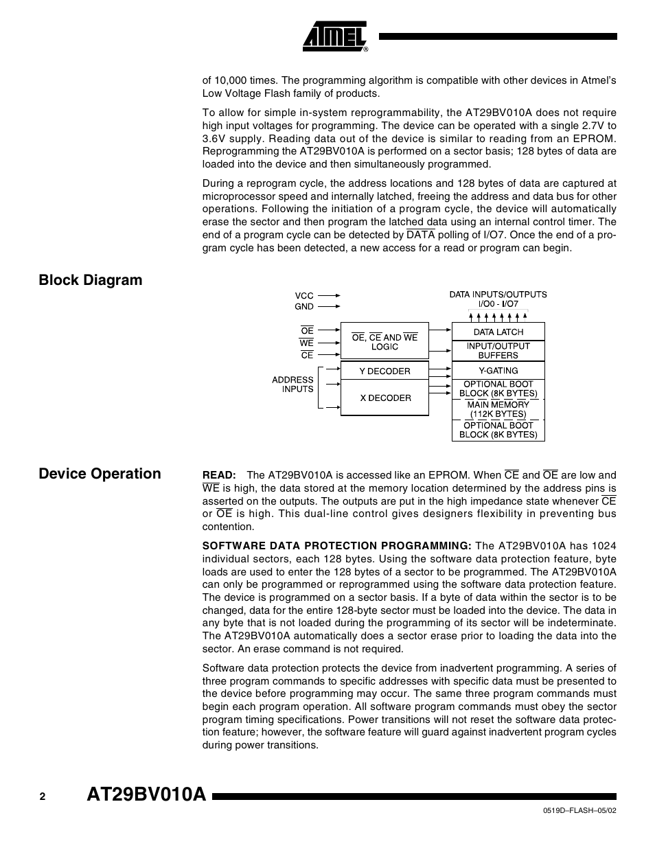 Block diagram, Device operation, Block diagram device operation | Rainbow Electronics AT29BV010A User Manual | Page 2 / 15