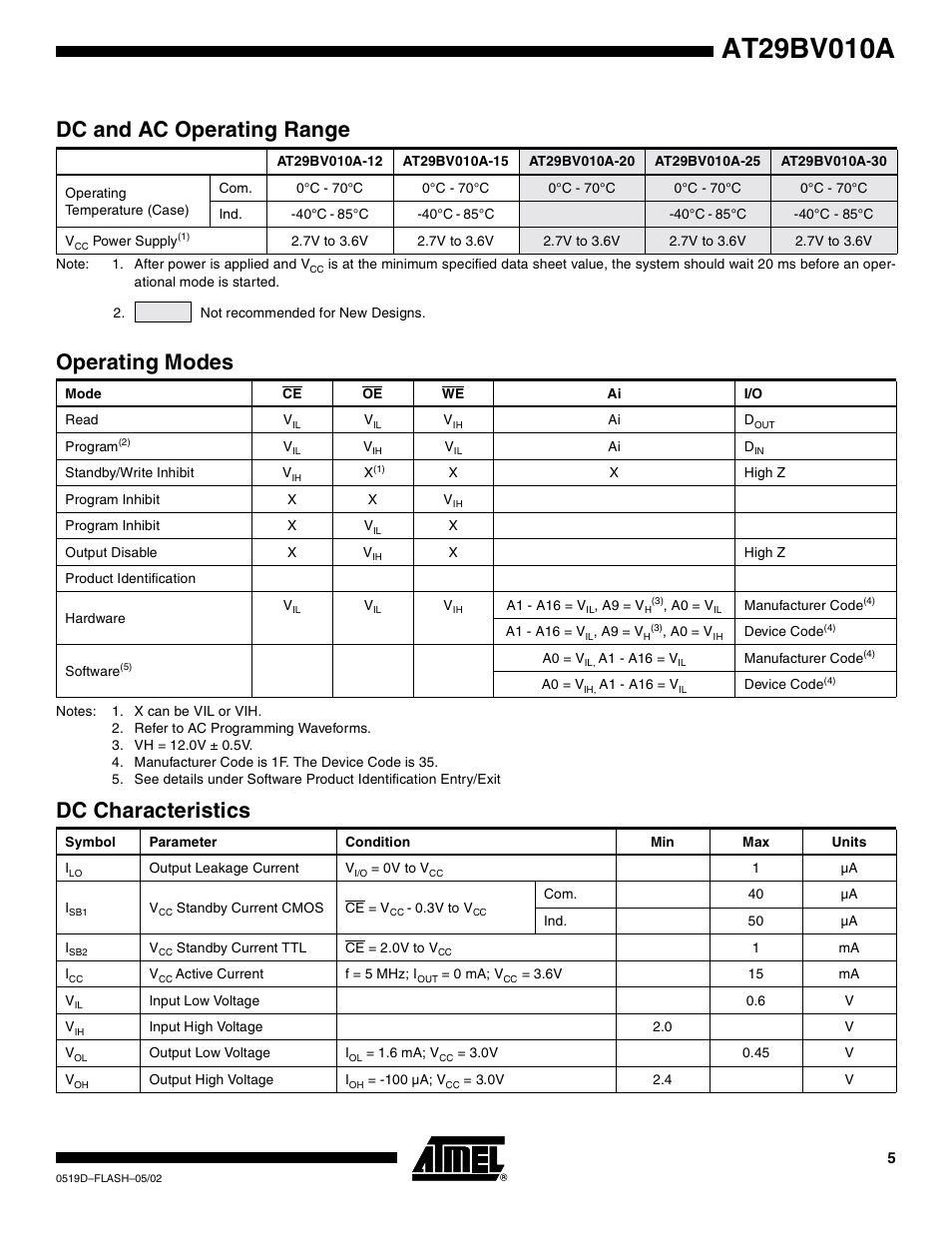 Dc and ac operating range, Operating modes, Dc characteristics | Rainbow Electronics AT29BV010A User Manual | Page 5 / 15