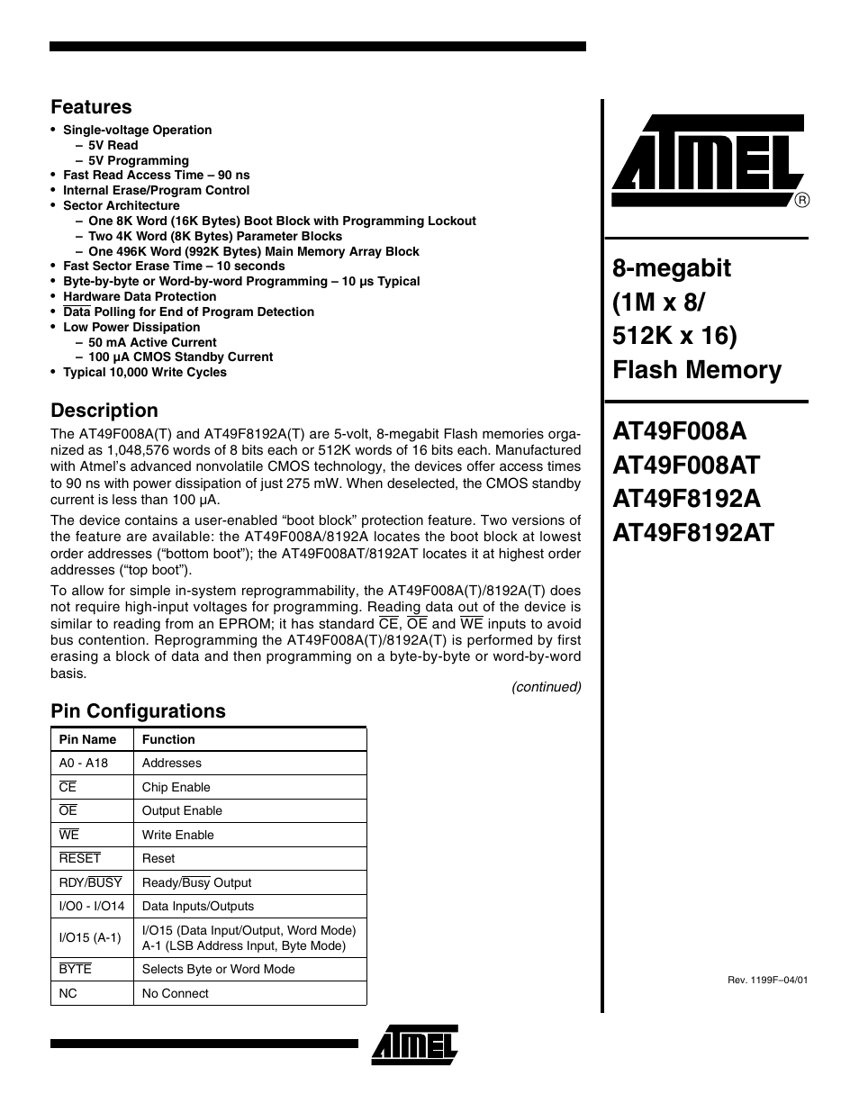 Rainbow Electronics AT49F8192AT User Manual | 15 pages