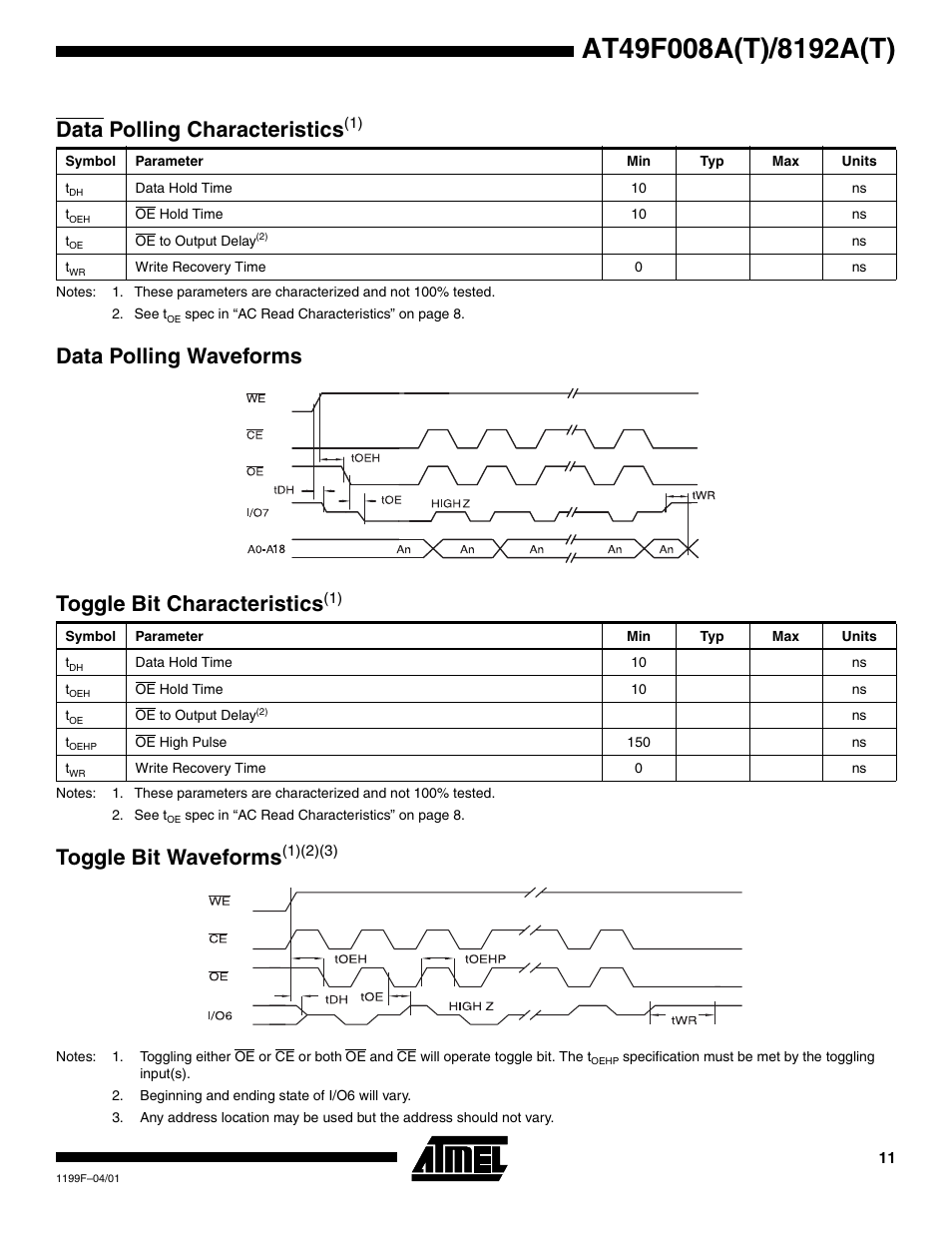 Data polling characteristics(1), Data polling waveforms, Toggle bit characteristics(1) | Toggle bit waveforms(1)(2)(3), Toggle bit waveforms, Data polling characteristics, Toggle bit characteristics | Rainbow Electronics AT49F8192AT User Manual | Page 11 / 15