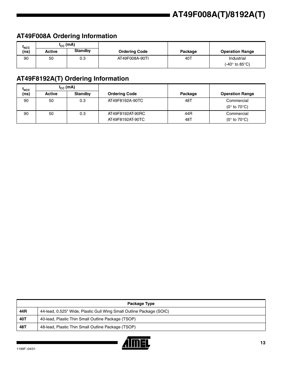 At49f008a ordering information, At49f8192a(t) ordering information | Rainbow Electronics AT49F8192AT User Manual | Page 13 / 15