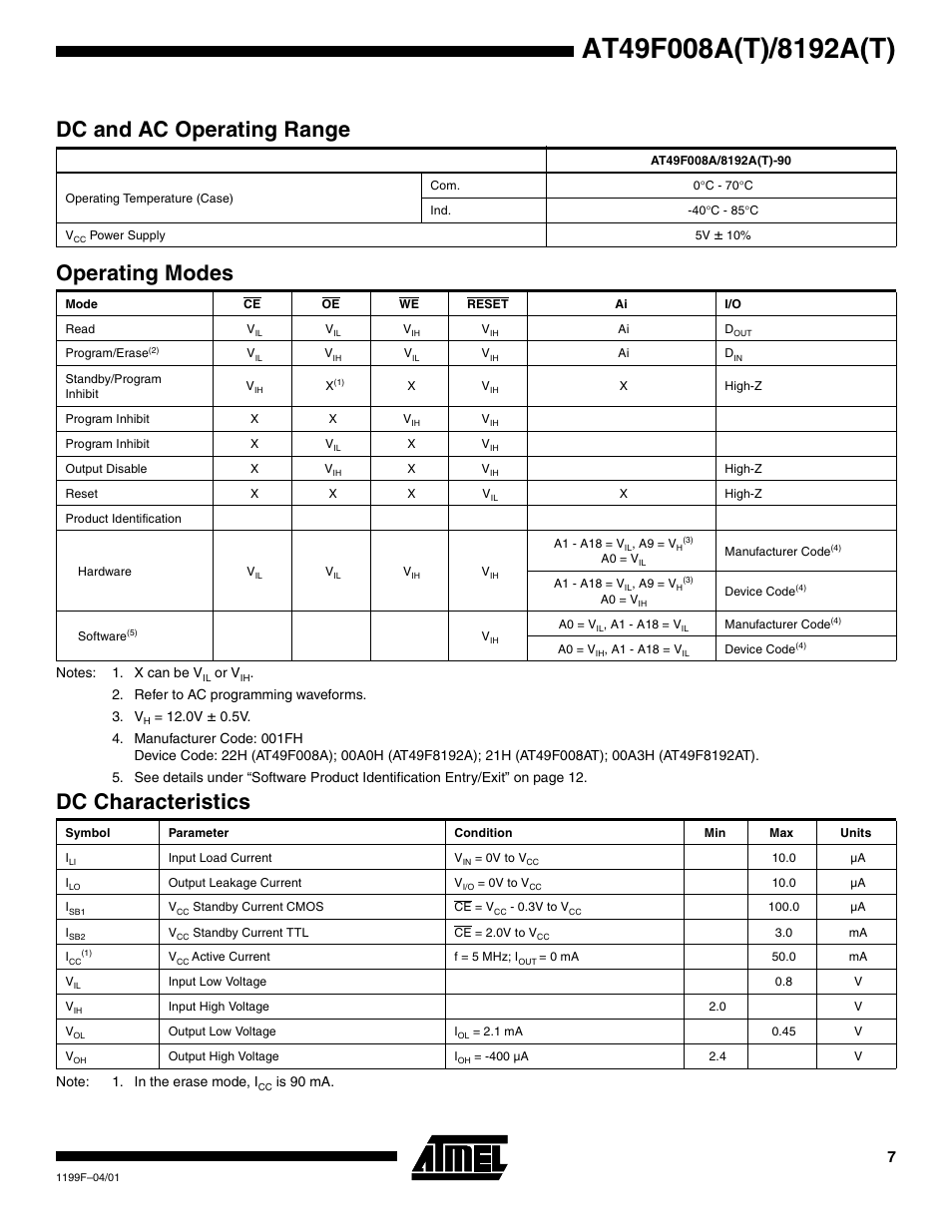 Dc and ac operating range, Operating modes, Dc characteristics | Rainbow Electronics AT49F8192AT User Manual | Page 7 / 15