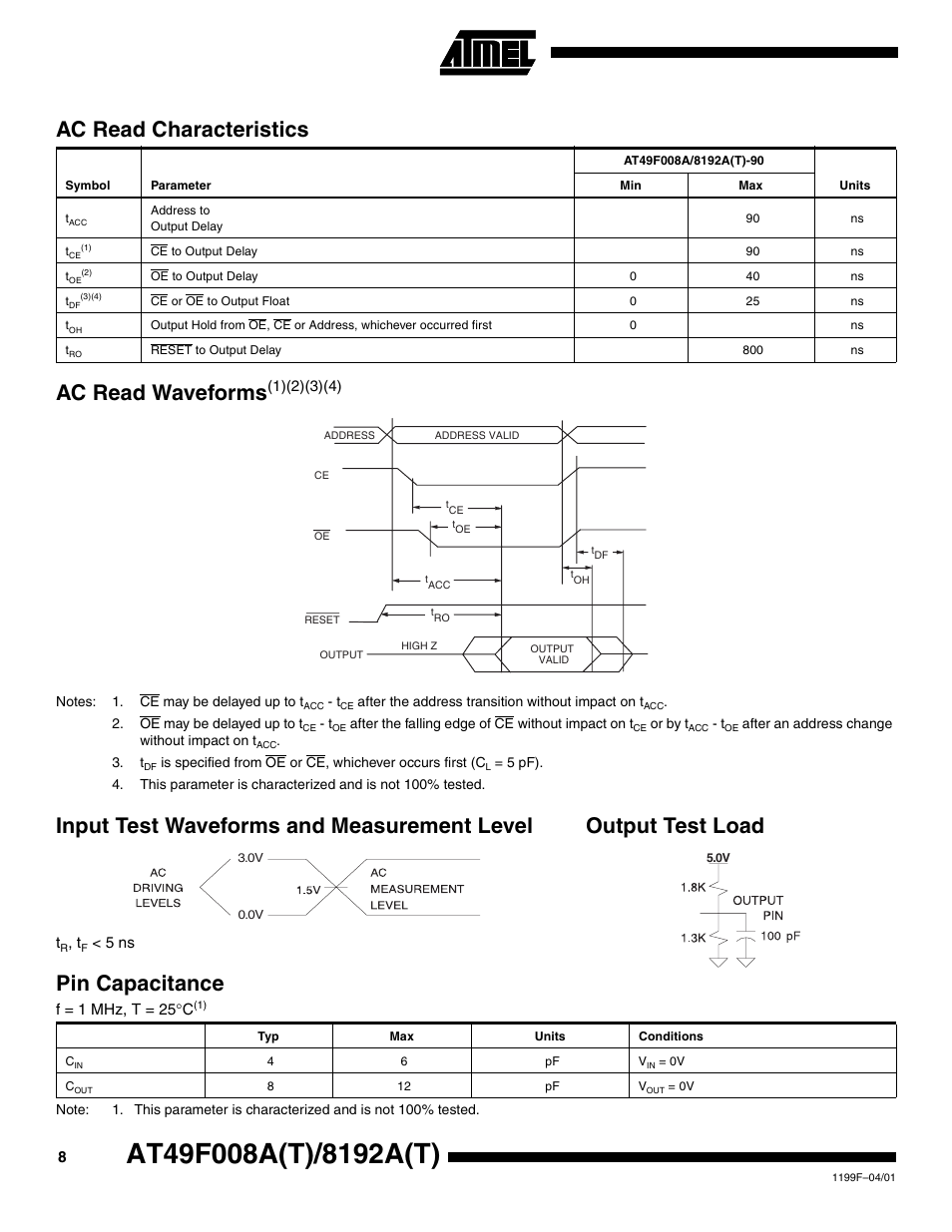 Pin capacitance, Ac read characteristics, Ac read waveforms(1)(2)(3)(4) | Input test waveforms and measurement level, Output test load, Ac read waveforms | Rainbow Electronics AT49F8192AT User Manual | Page 8 / 15