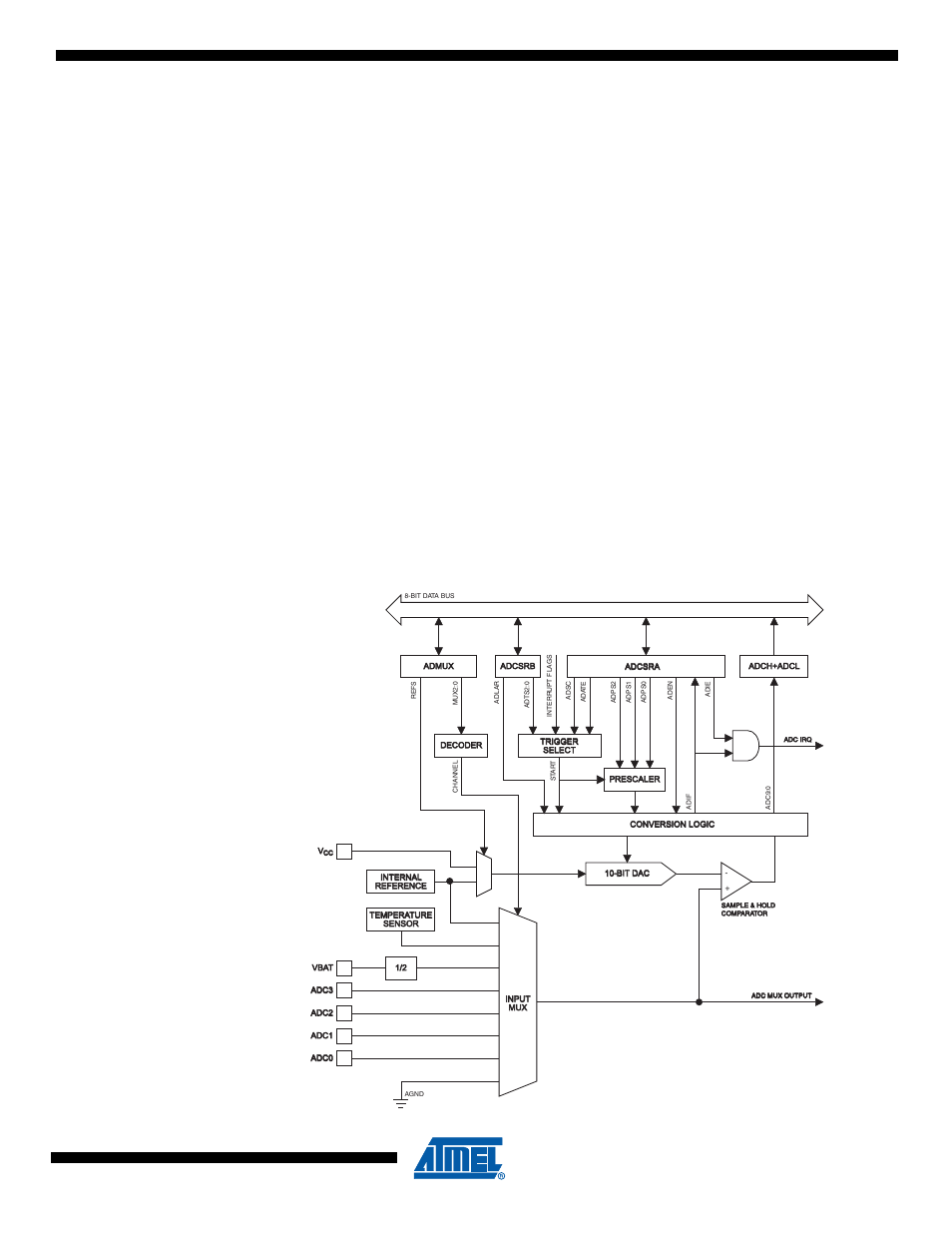 Analog to digital converter, 1 features, 2 overview | Bit resolution, 1 lsb integral non-linearity, 2 lsb absolute accuracy, 13µs conversion time, 15 ksps at maximum resolution, Four multiplexed single ended input channels, Temperature sensor input channel | Rainbow Electronics ATtiny43U User Manual | Page 115 / 182