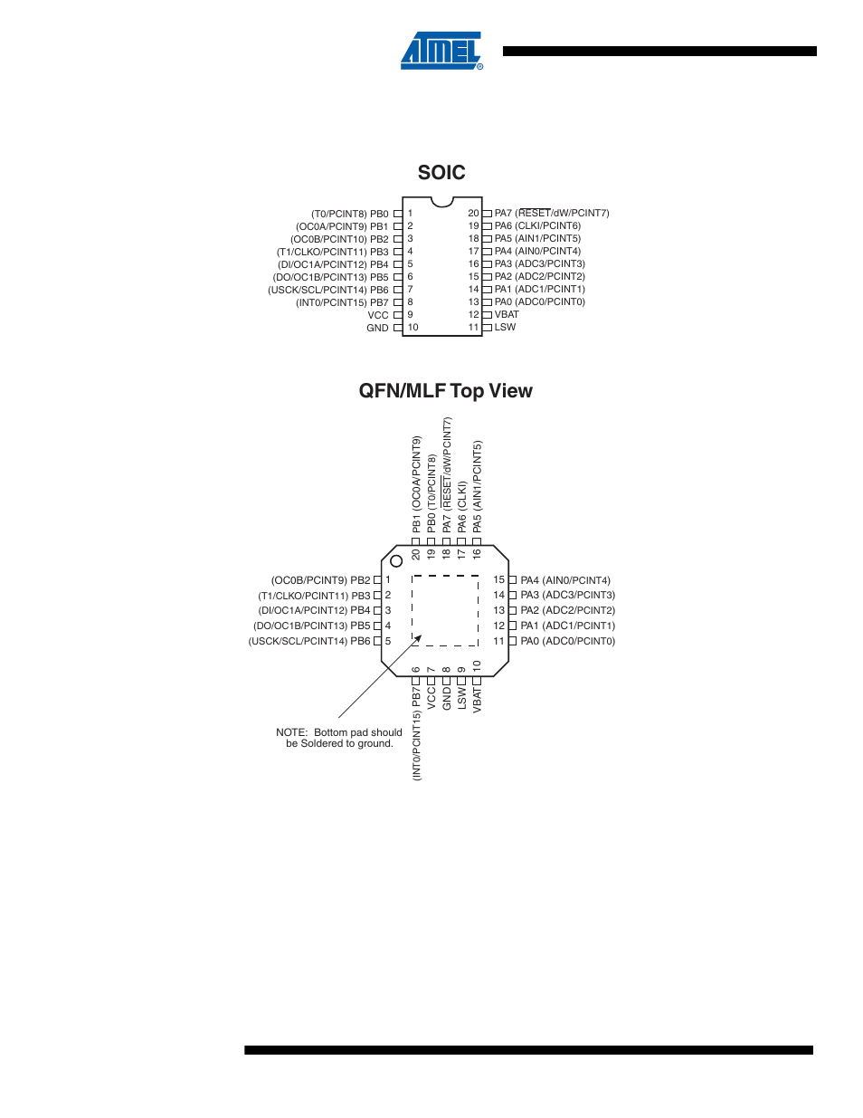 Pin configurations, 1 pin descriptions, 1 vcc | 2 gnd, 3 port a (pa7:pa0), Attiny43u, Qfn/mlf top view soic | Rainbow Electronics ATtiny43U User Manual | Page 2 / 182