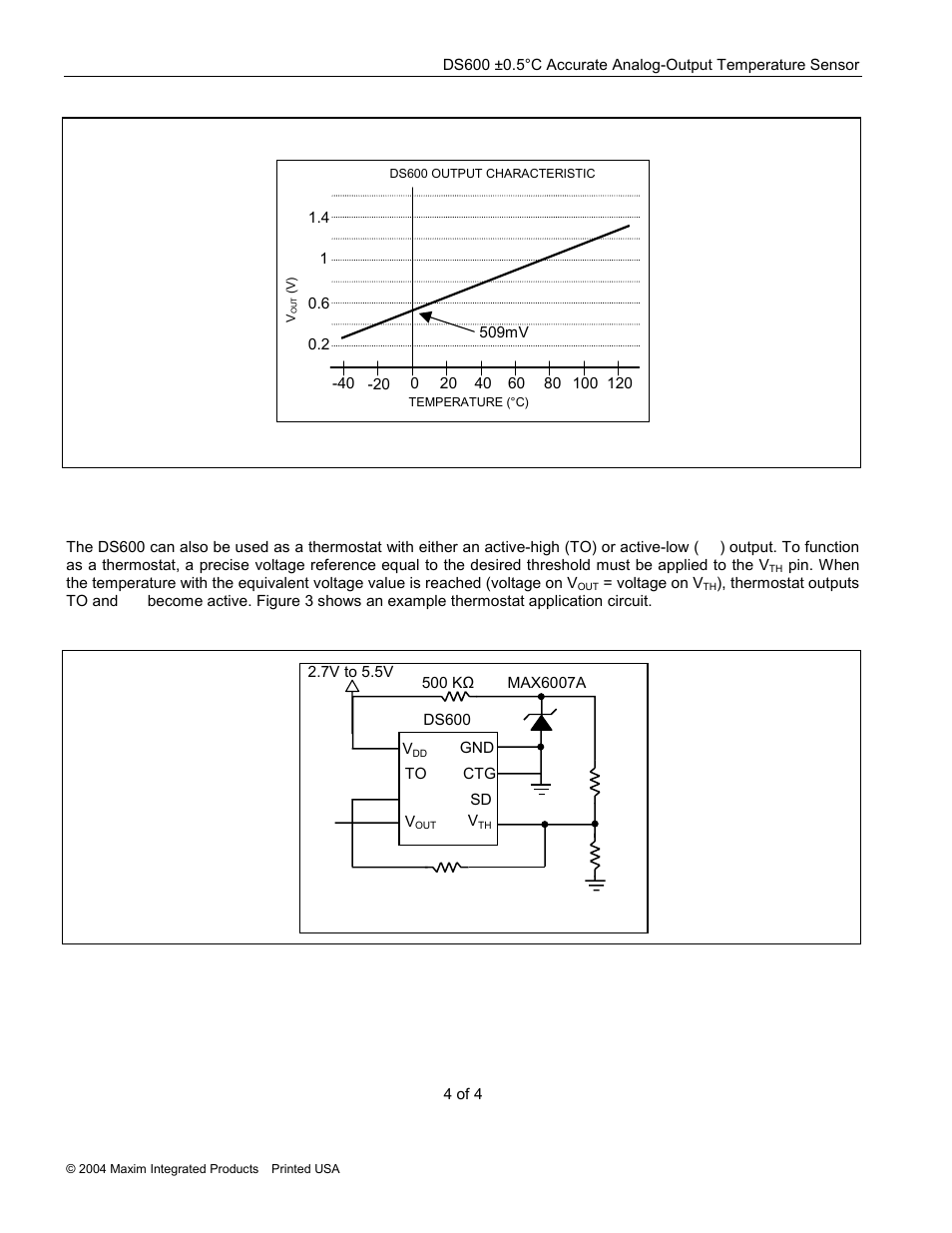 Thermostat operation, Figure 2. output voltage characteristic, Figure 3. thermostat application circuit | Rainbow Electronics DS600 User Manual | Page 4 / 4