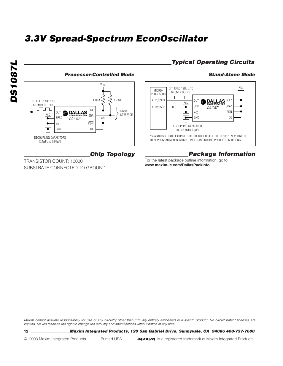 Chip topology, Typical operating circuits package information, Processor-controlled mode | Stand-alone mode | Rainbow Electronics DS1087L User Manual | Page 12 / 12