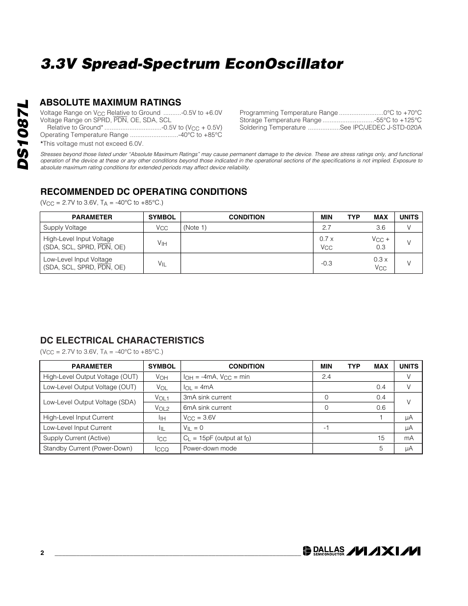 Dc electrical characteristics | Rainbow Electronics DS1087L User Manual | Page 2 / 12