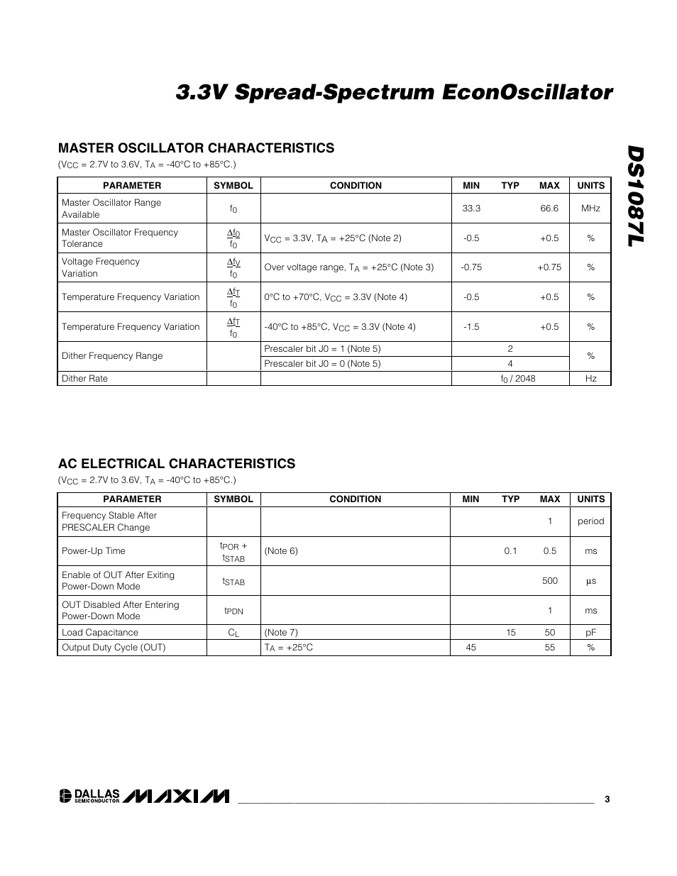 Master oscillator characteristics, Ac electrical characteristics | Rainbow Electronics DS1087L User Manual | Page 3 / 12