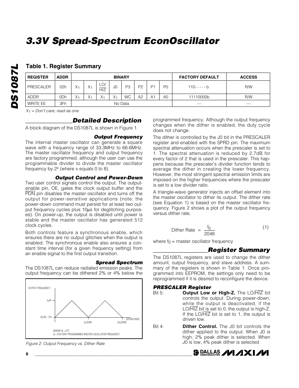 Detailed description, Register summary, Table 1. register summary | Rainbow Electronics DS1087L User Manual | Page 8 / 12