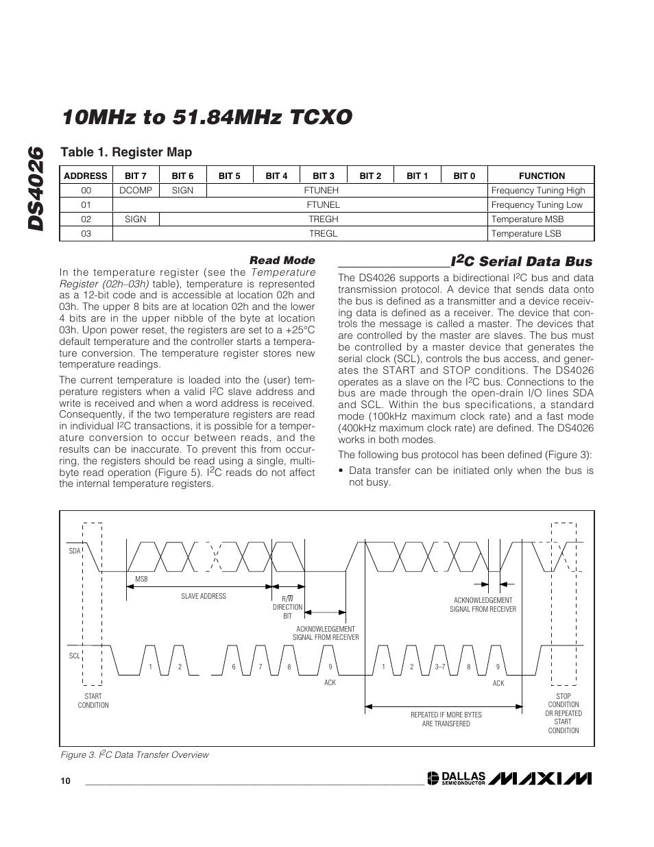 Ds4026, C serial data bus, Table 1. register map | Rainbow Electronics DS4026 User Manual | Page 10 / 13