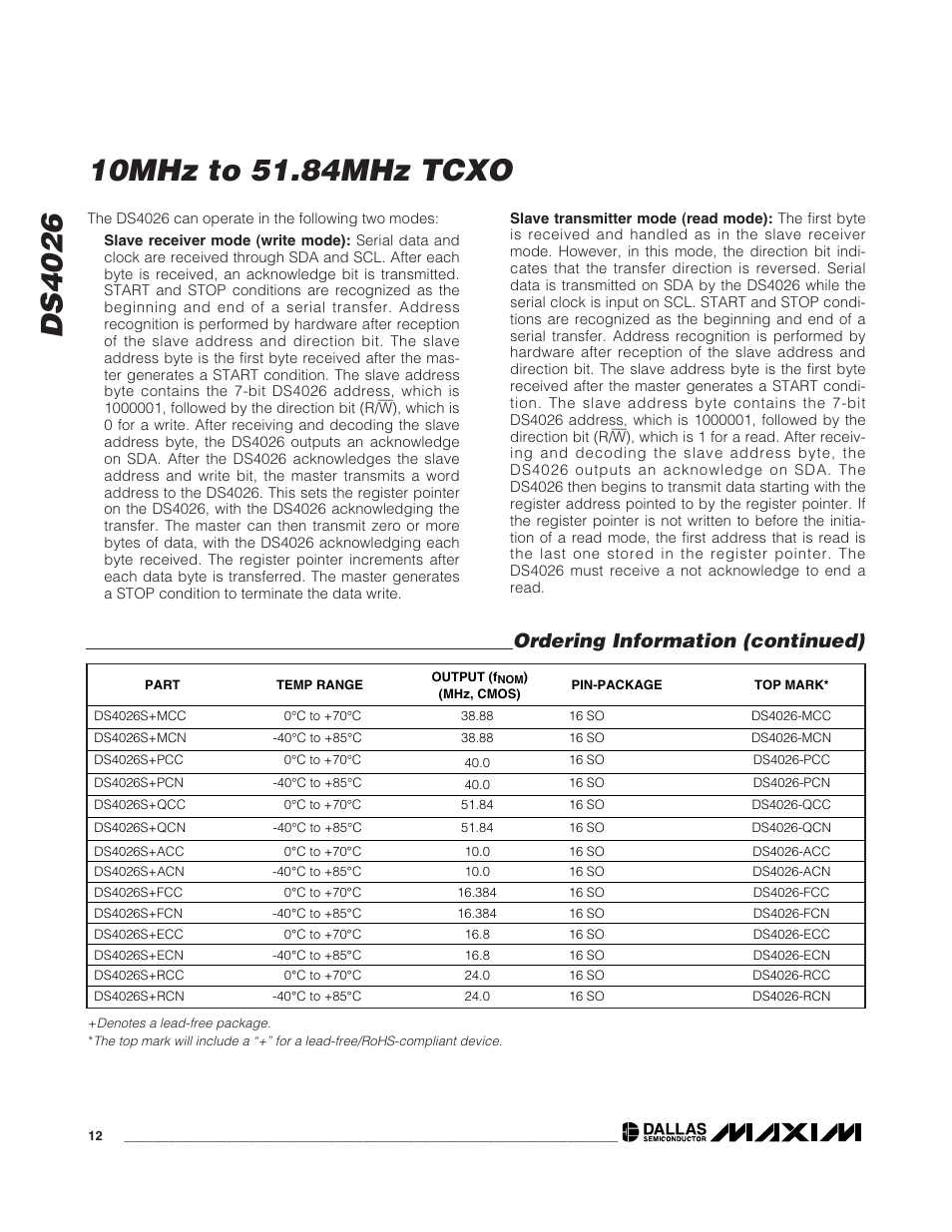 Ordering information (continued) | Rainbow Electronics DS4026 User Manual | Page 12 / 13