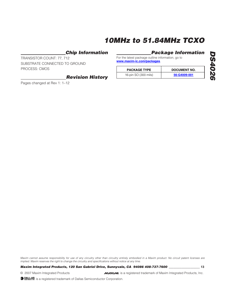Package information, Chip information, Revision history | Rainbow Electronics DS4026 User Manual | Page 13 / 13