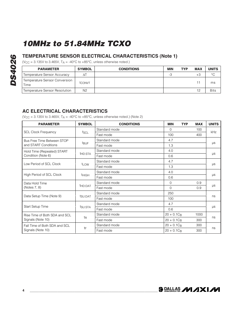 Ac electrical characteristics | Rainbow Electronics DS4026 User Manual | Page 4 / 13