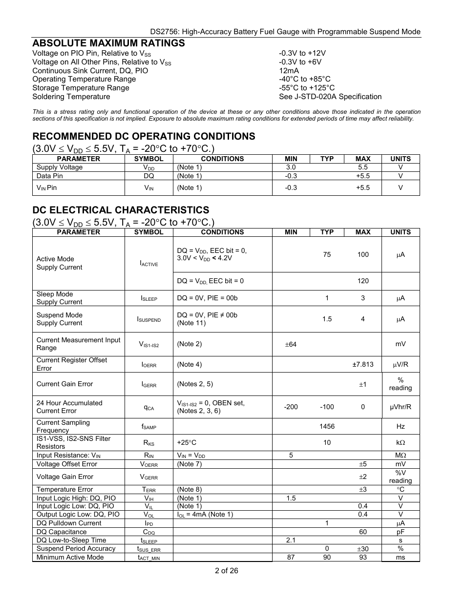 Absolute maximum ratings, Recommended dc operating conditions (3.0v £ v, 5v, t | 20 °c to +70°c.), Dc electrical characteristics (3.0v £ v | Rainbow Electronics DS2756 User Manual | Page 2 / 26