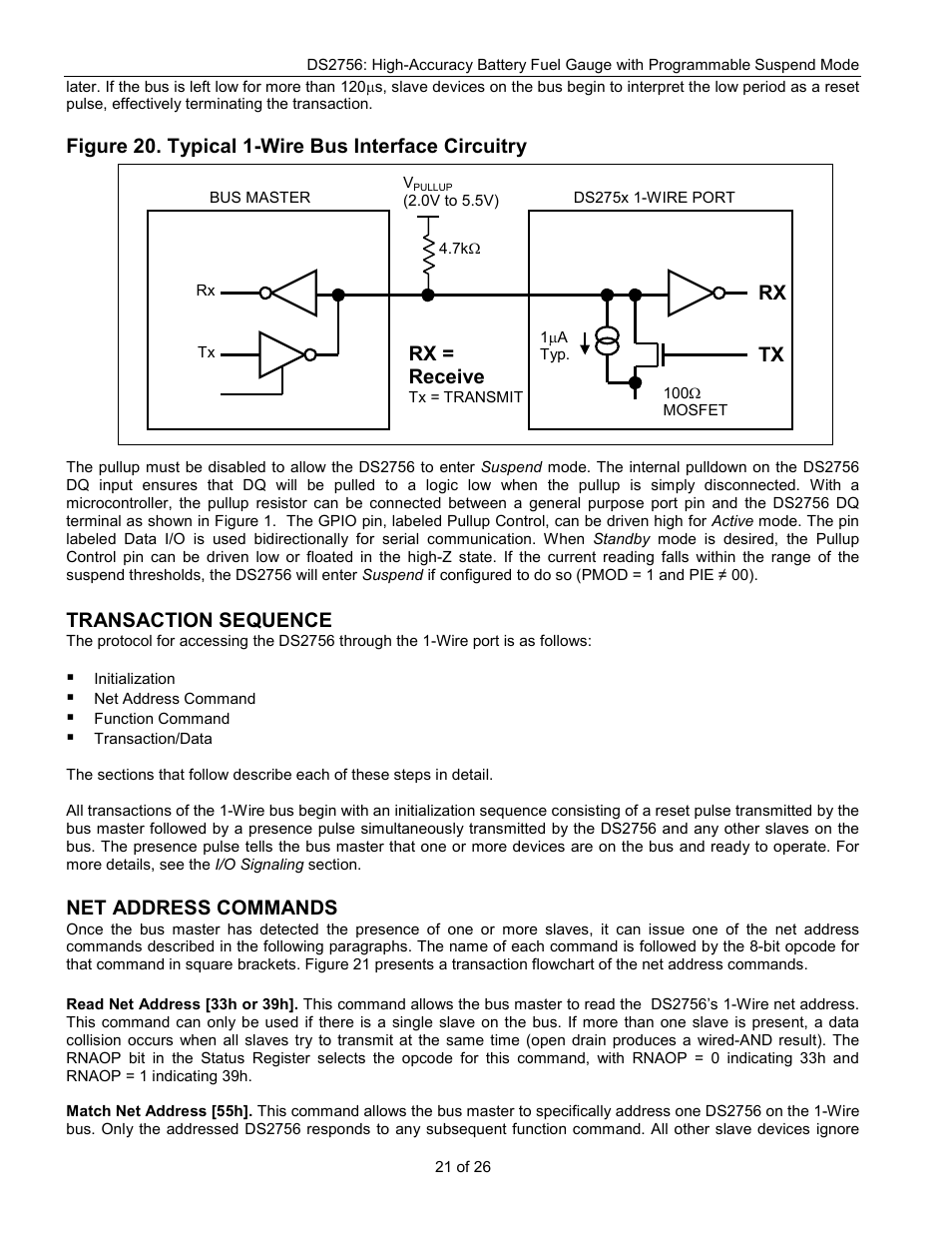 Figure 20. typical 1-wire bus interface circuitry, Transaction sequence, Net address commands | Tx rx, Rx = receive | Rainbow Electronics DS2756 User Manual | Page 21 / 26