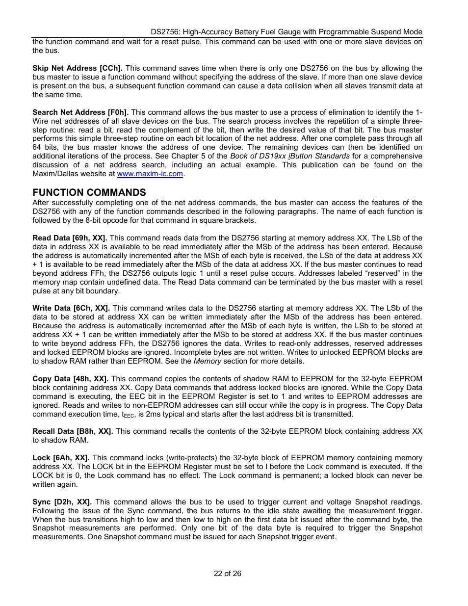 Function commands | Rainbow Electronics DS2756 User Manual | Page 22 / 26
