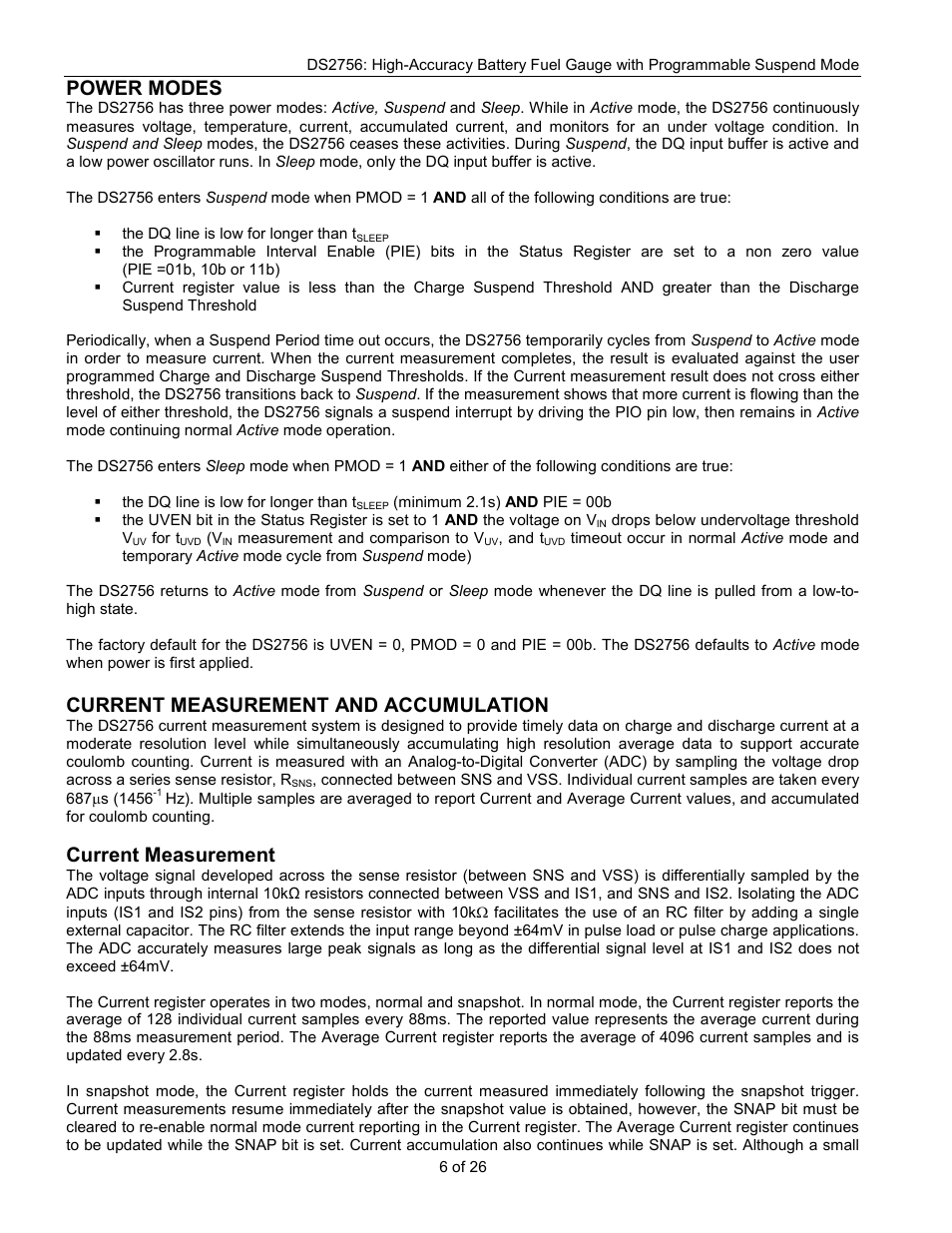 Power modes, Current measurement and accumulation, Current measurement | Rainbow Electronics DS2756 User Manual | Page 6 / 26