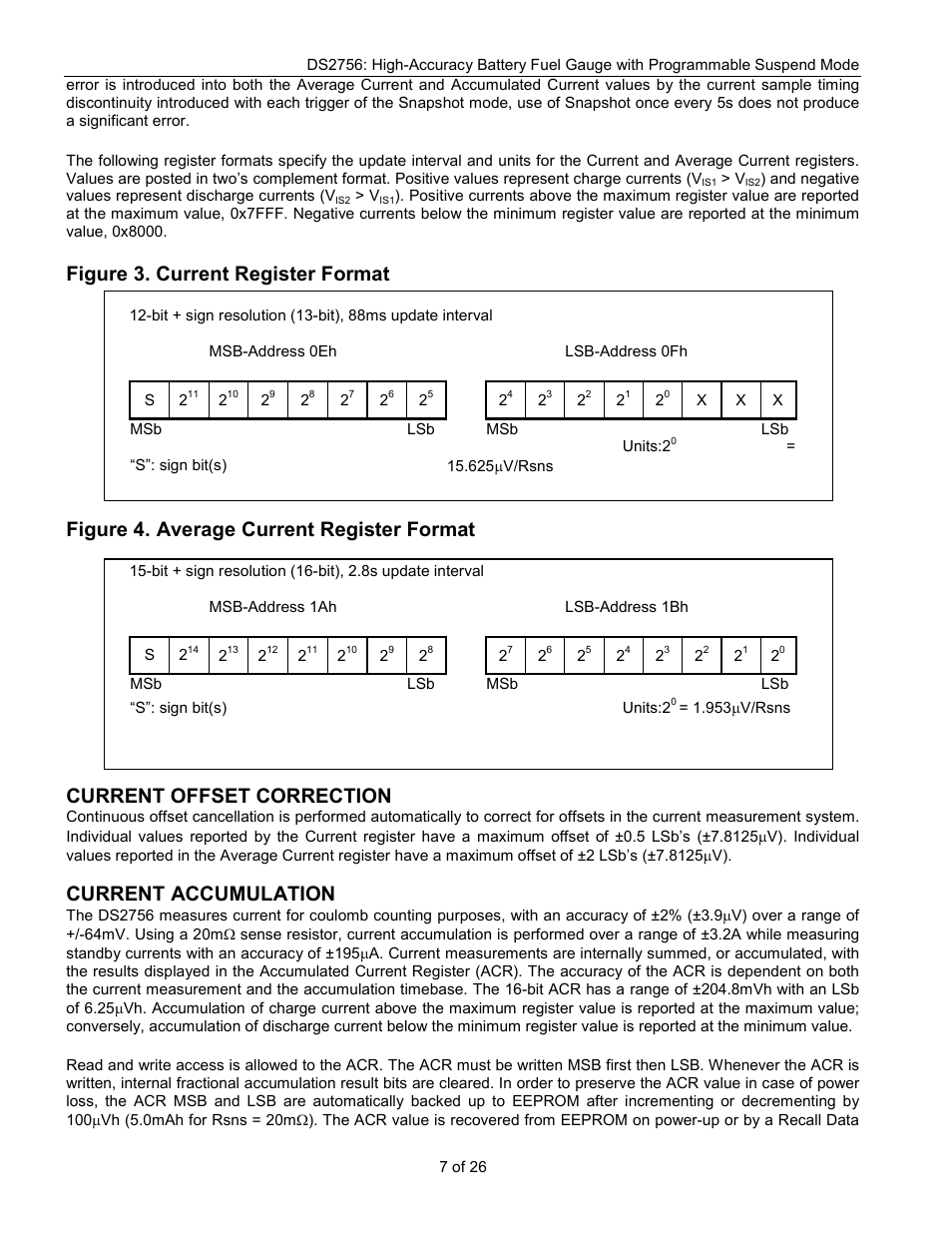 Figure 3. current register format, Figure 4. average current register format, Current offset correction | Current accumulation | Rainbow Electronics DS2756 User Manual | Page 7 / 26
