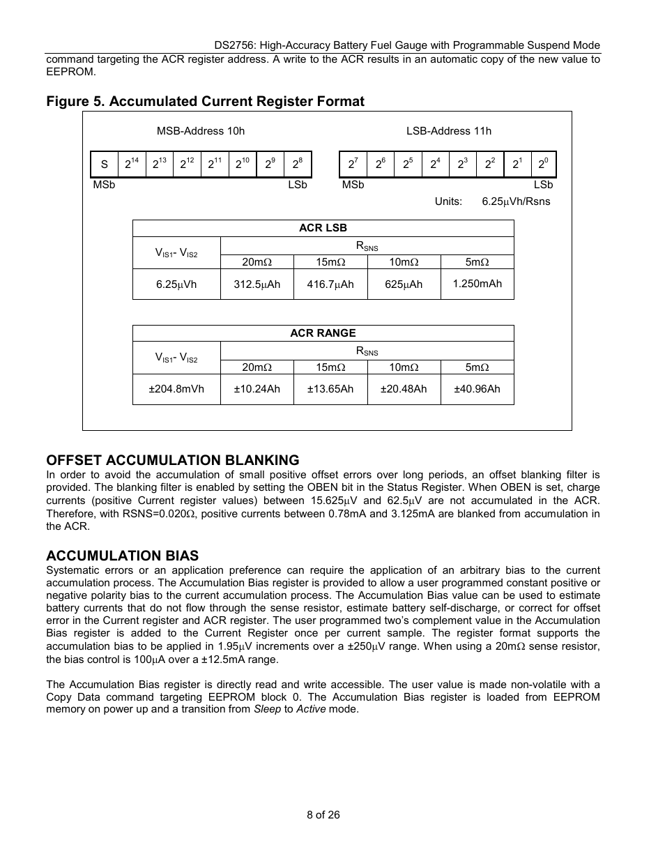 Figure 5. accumulated current register format, Offset accumulation blanking, Accumulation bias | Rainbow Electronics DS2756 User Manual | Page 8 / 26