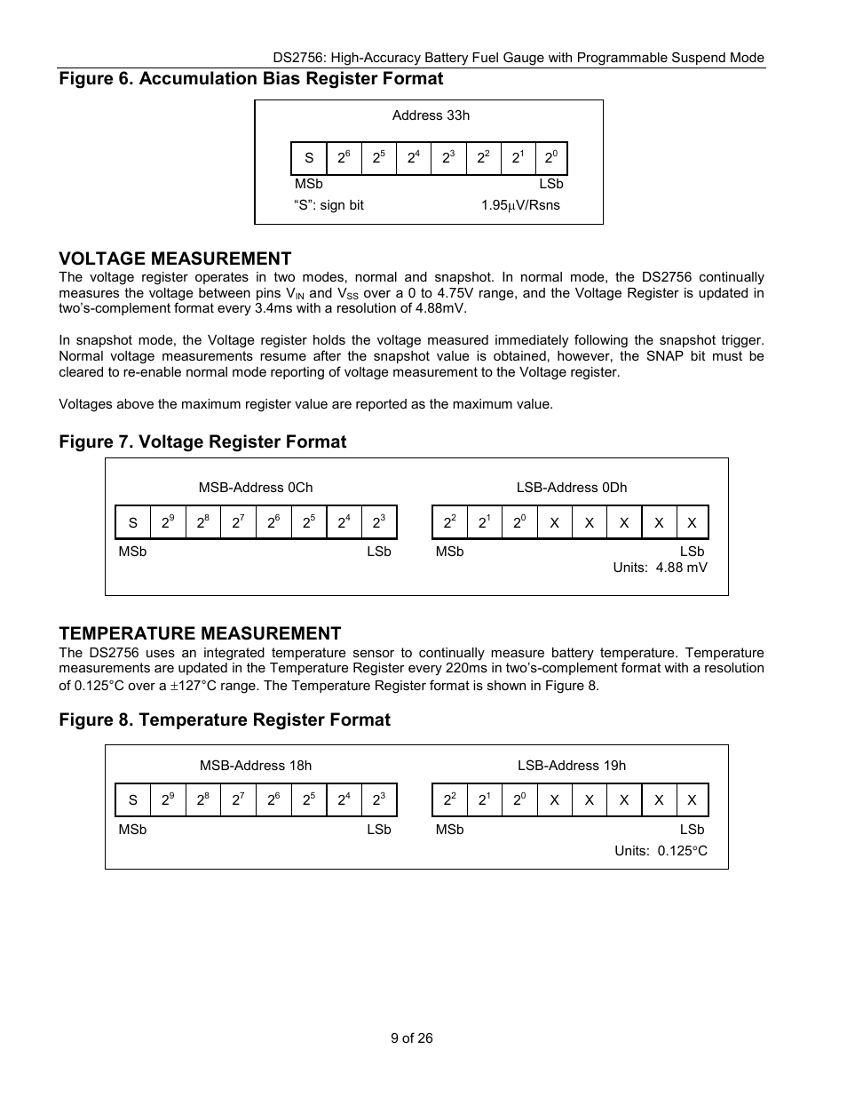 Figure 6. accumulation bias register format, Voltage measurement, Figure 7. voltage register format | Temperature measurement, Figure 8. temperature register format | Rainbow Electronics DS2756 User Manual | Page 9 / 26