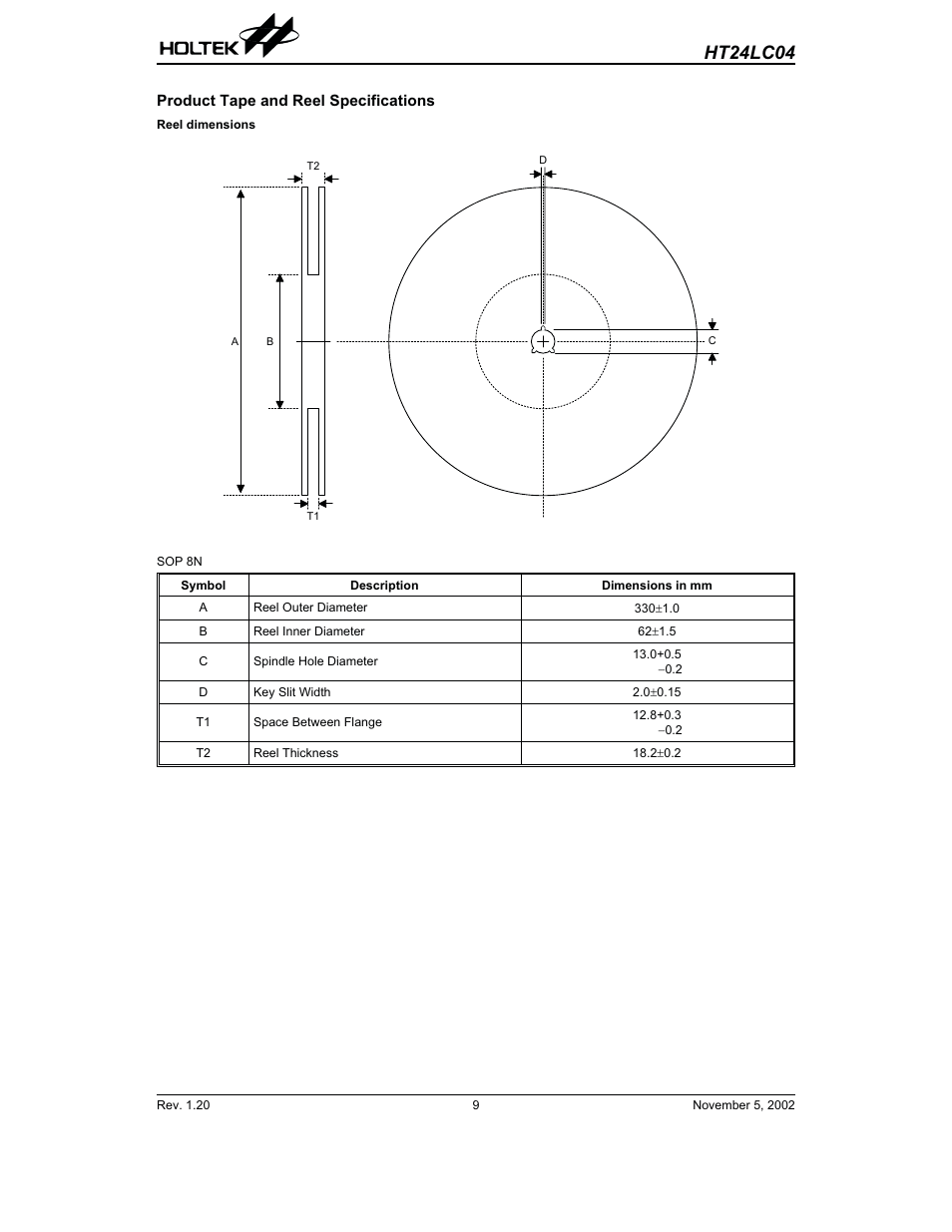 Product tape and reel specifications, Ht24lc04 | Rainbow Electronics HT24LC04 User Manual | Page 9 / 11