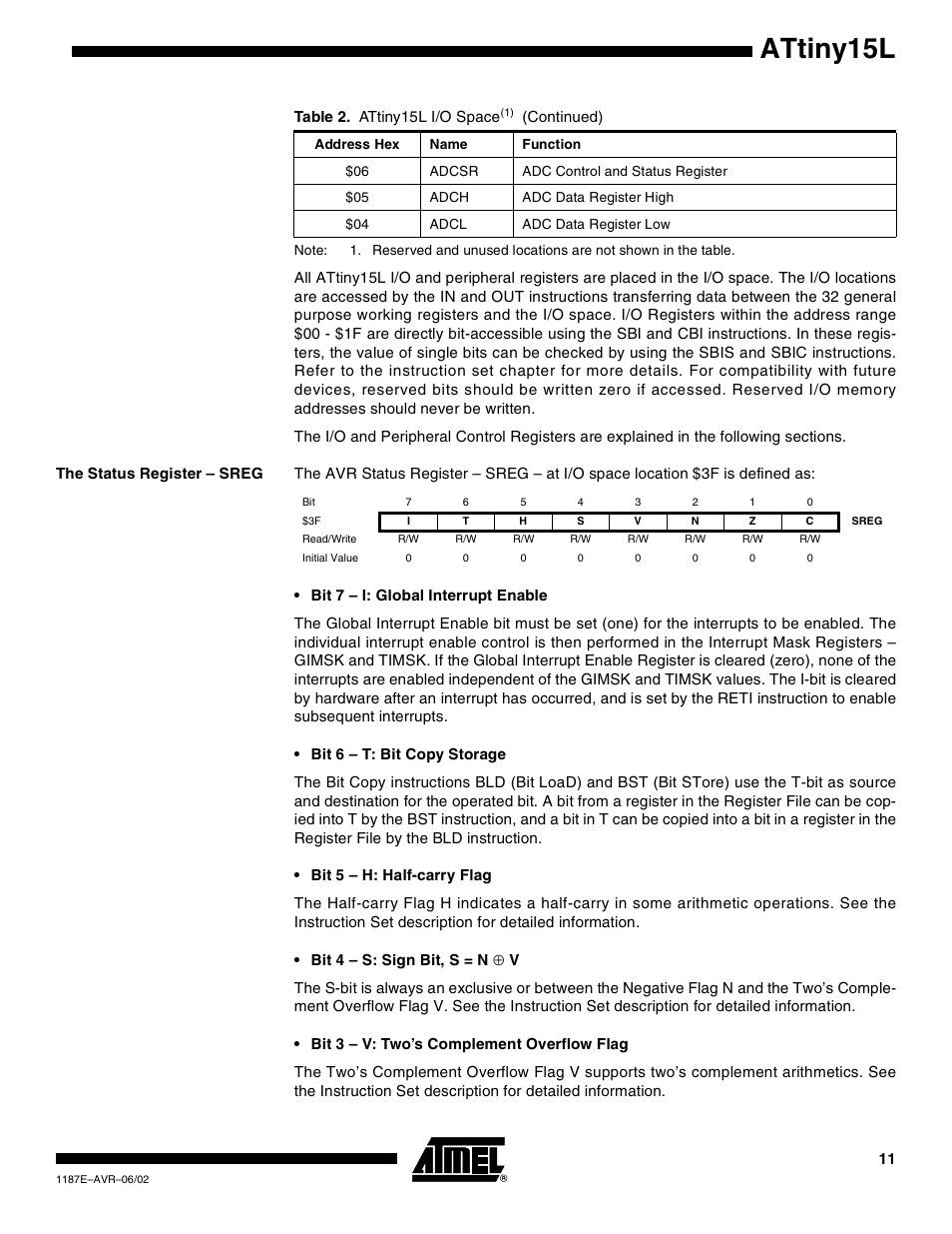 The status register – sreg, Attiny15l | Rainbow Electronics ATtiny15L User Manual | Page 11 / 83