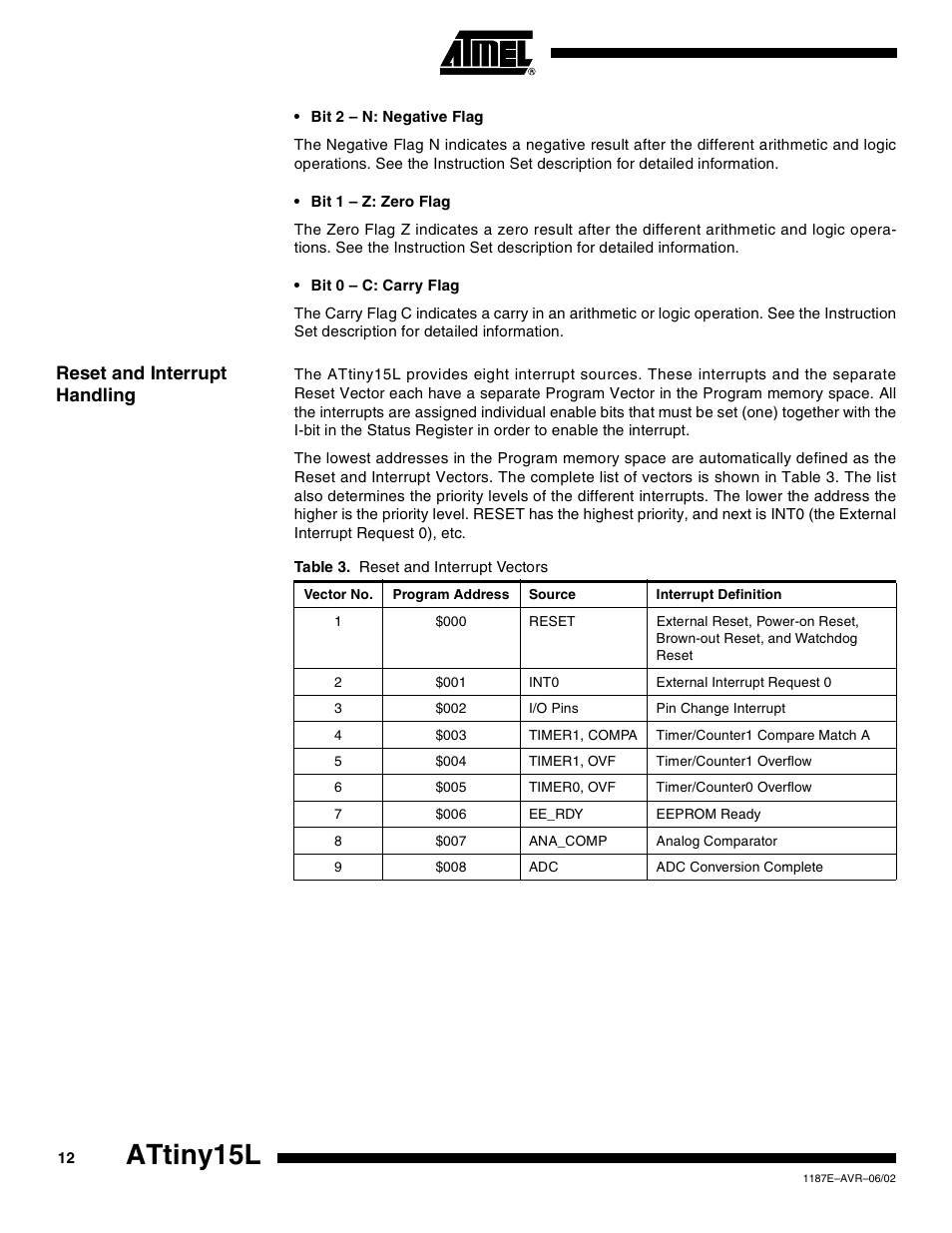 Reset and interrupt handling, Attiny15l | Rainbow Electronics ATtiny15L User Manual | Page 12 / 83