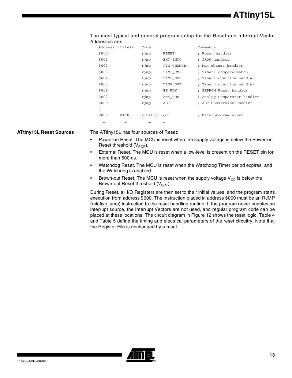 Attiny15l reset sources, Attiny15l | Rainbow Electronics ATtiny15L User Manual | Page 13 / 83