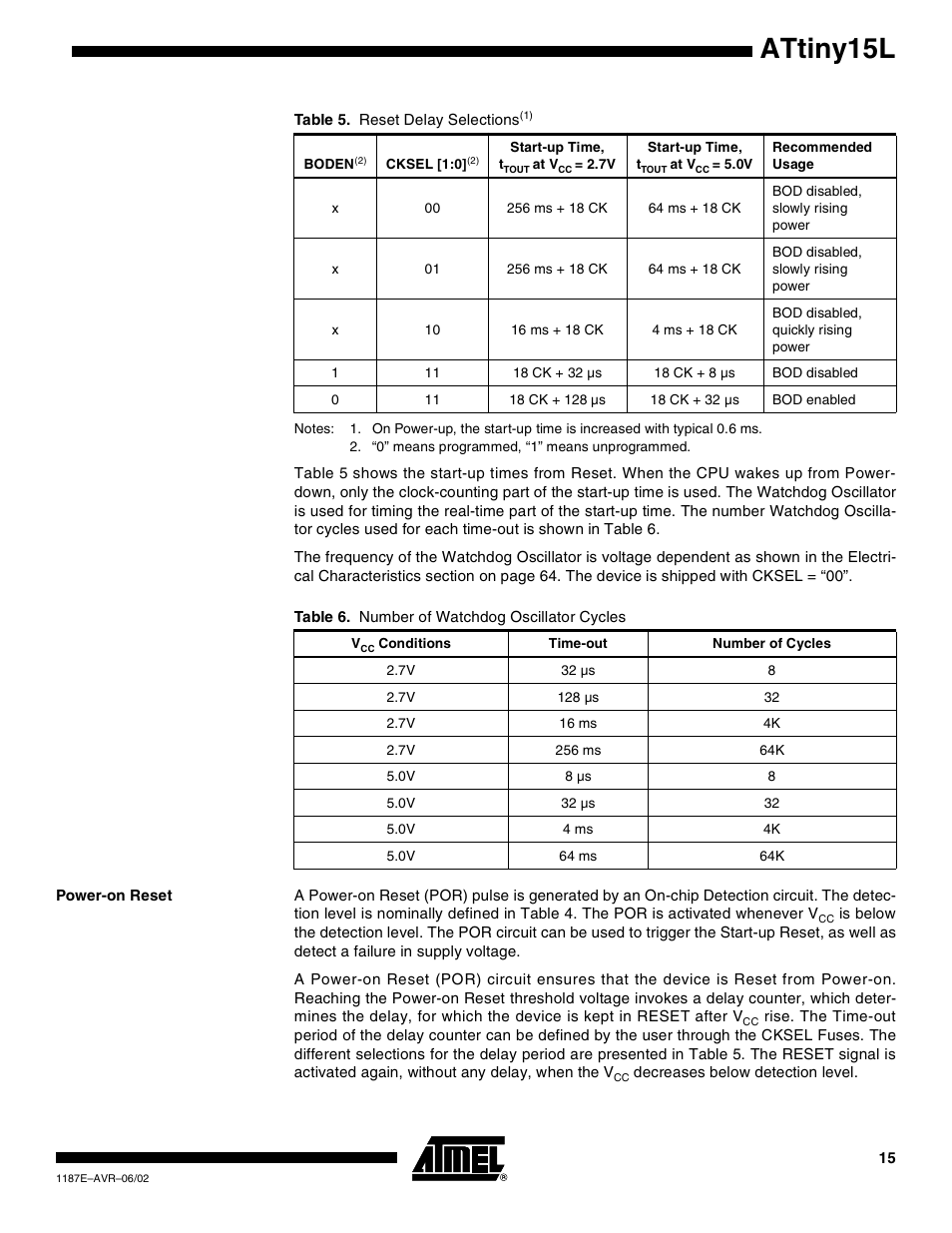 Power-on reset, Attiny15l | Rainbow Electronics ATtiny15L User Manual | Page 15 / 83