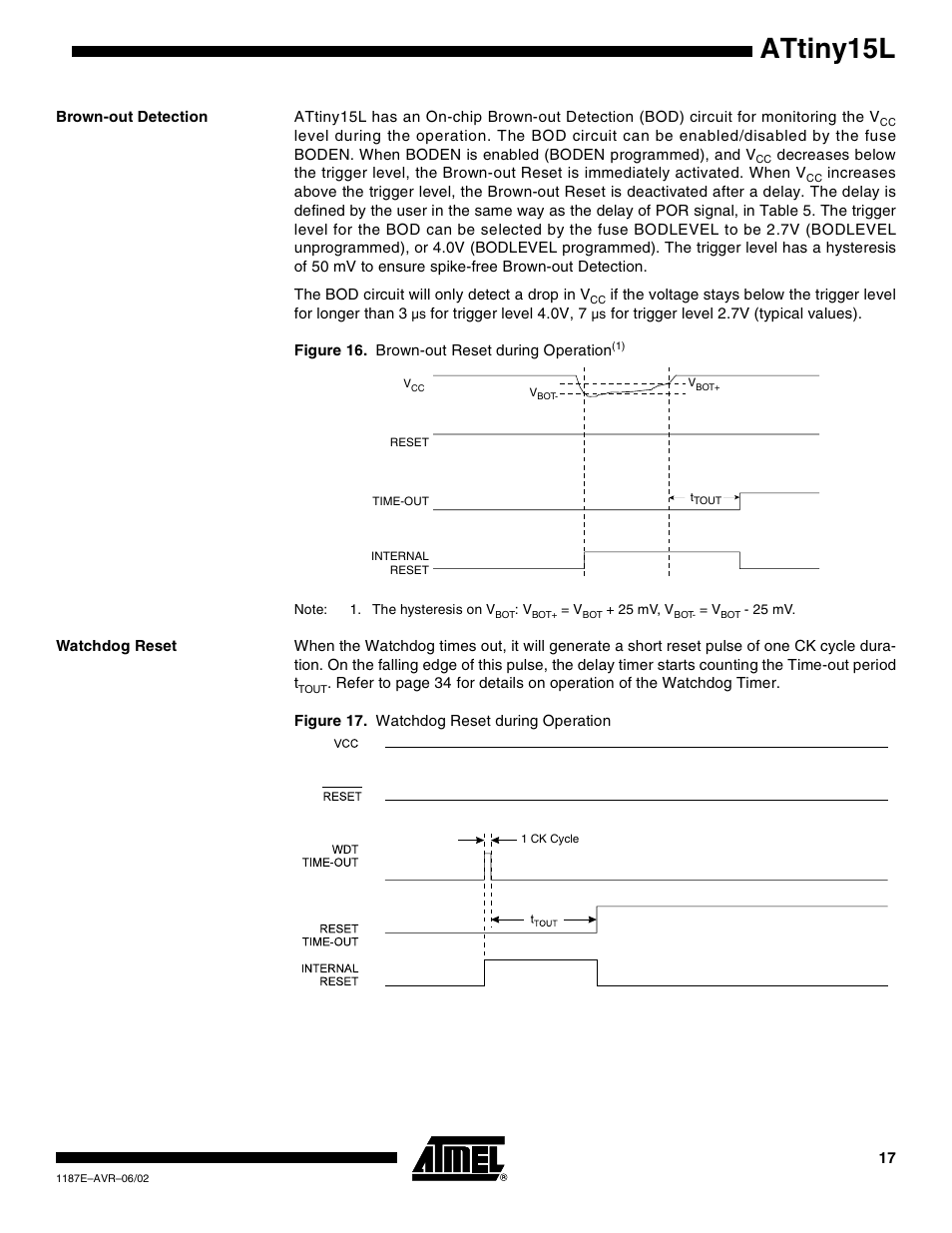 Brown-out detection, Watchdog reset, Attiny15l | Rainbow Electronics ATtiny15L User Manual | Page 17 / 83